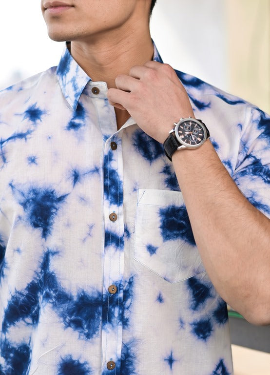 Qala Jaipur Blue & White Tie-Dye Cotton Shirt for Men | Rajasthani Hand-Dyed Shibori Shirt