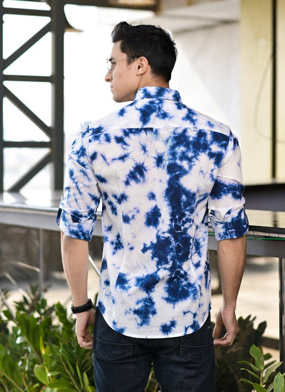 Qala Jaipur Blue & White Tie-Dye Cotton Shirt for Men | Rajasthani Hand-Dyed Shibori Shirt