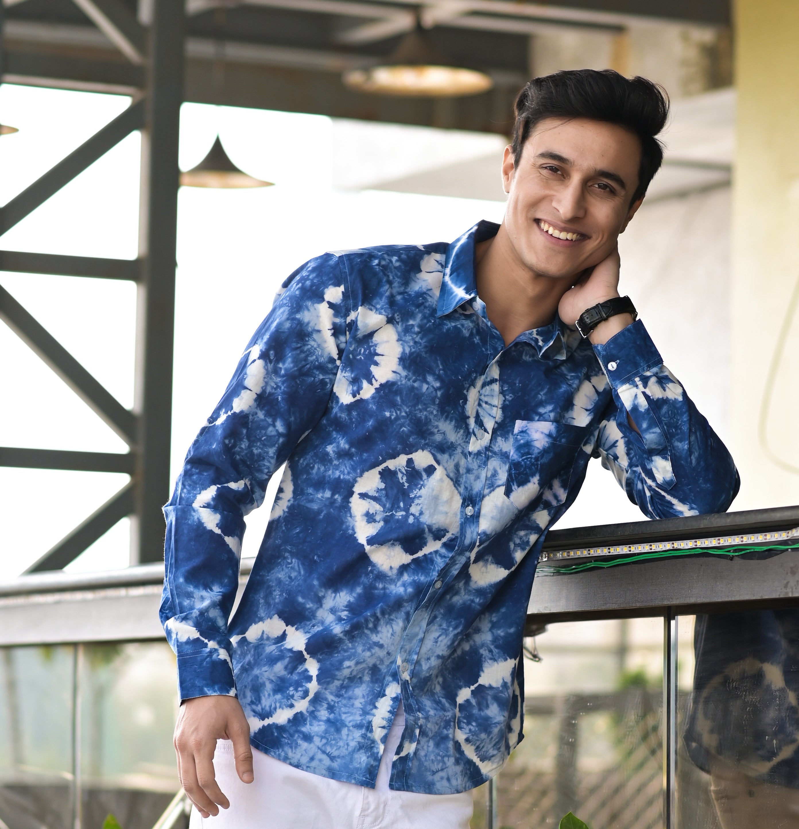 Qala Jaipur Dark Blue Tie-Dye Cotton Shirt for Men | Artisan Rajasthani Shibori Tie-Dye Shirt