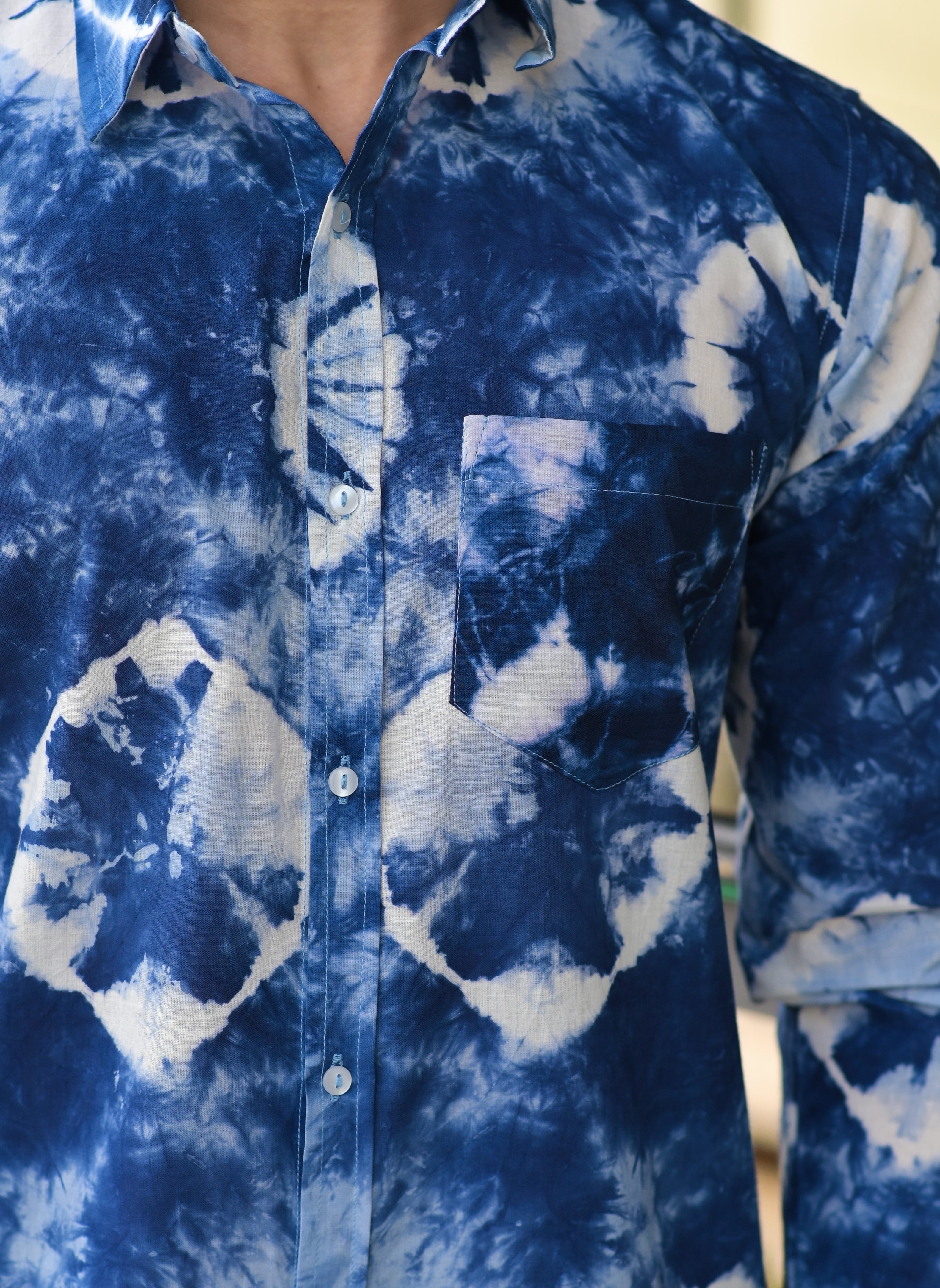 Qala Jaipur Dark Blue Tie-Dye Cotton Shirt for Men | Artisan Rajasthani Shibori Tie-Dye Shirt
