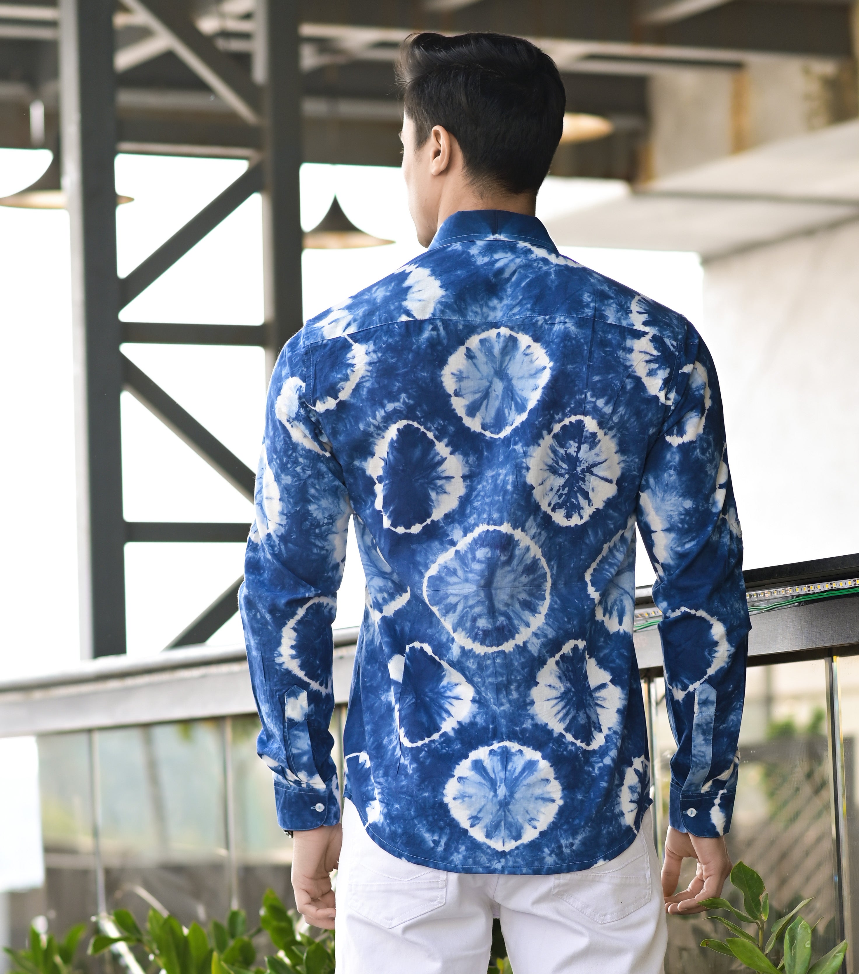 Qala Jaipur Dark Blue Tie-Dye Cotton Shirt for Men | Artisan Rajasthani Shibori Tie-Dye Shirt