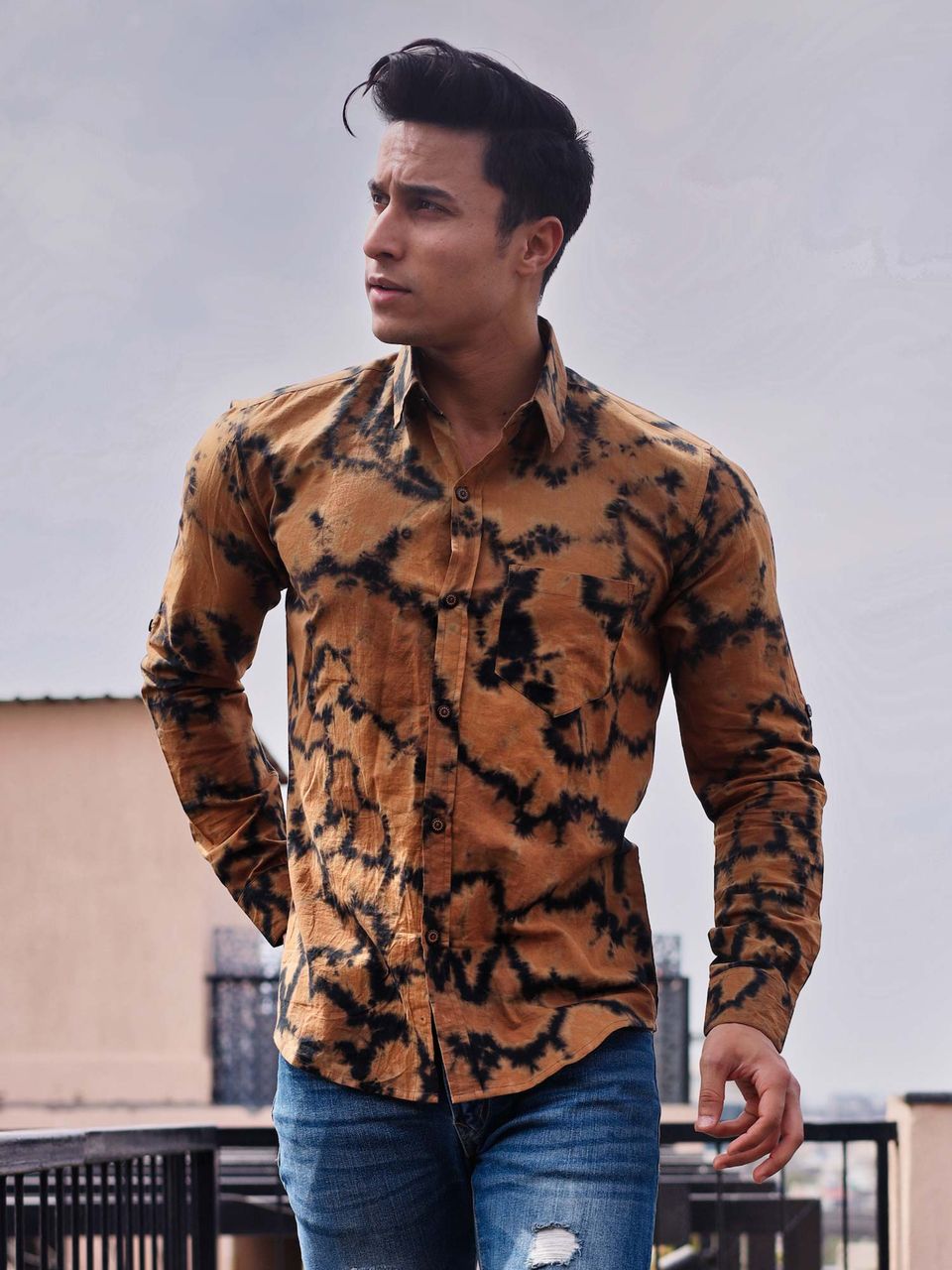 Qala Jaipur Black & Brown Tie-Dye Cotton Shirt for Men | Rajasthani Hand-Dyed Shibori Shirt