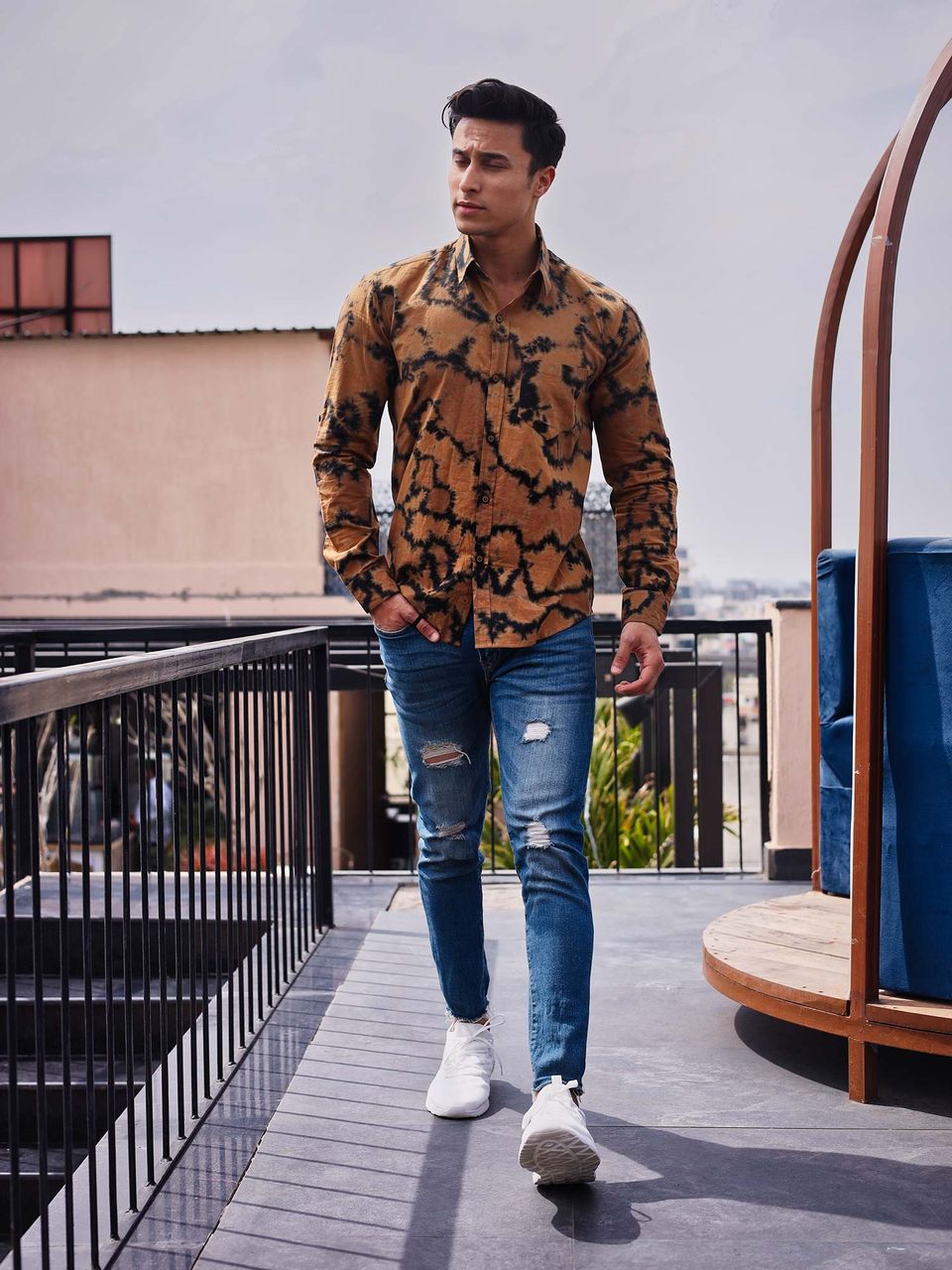 Qala Jaipur Black & Brown Tie-Dye Cotton Shirt for Men | Rajasthani Hand-Dyed Shibori Shirt