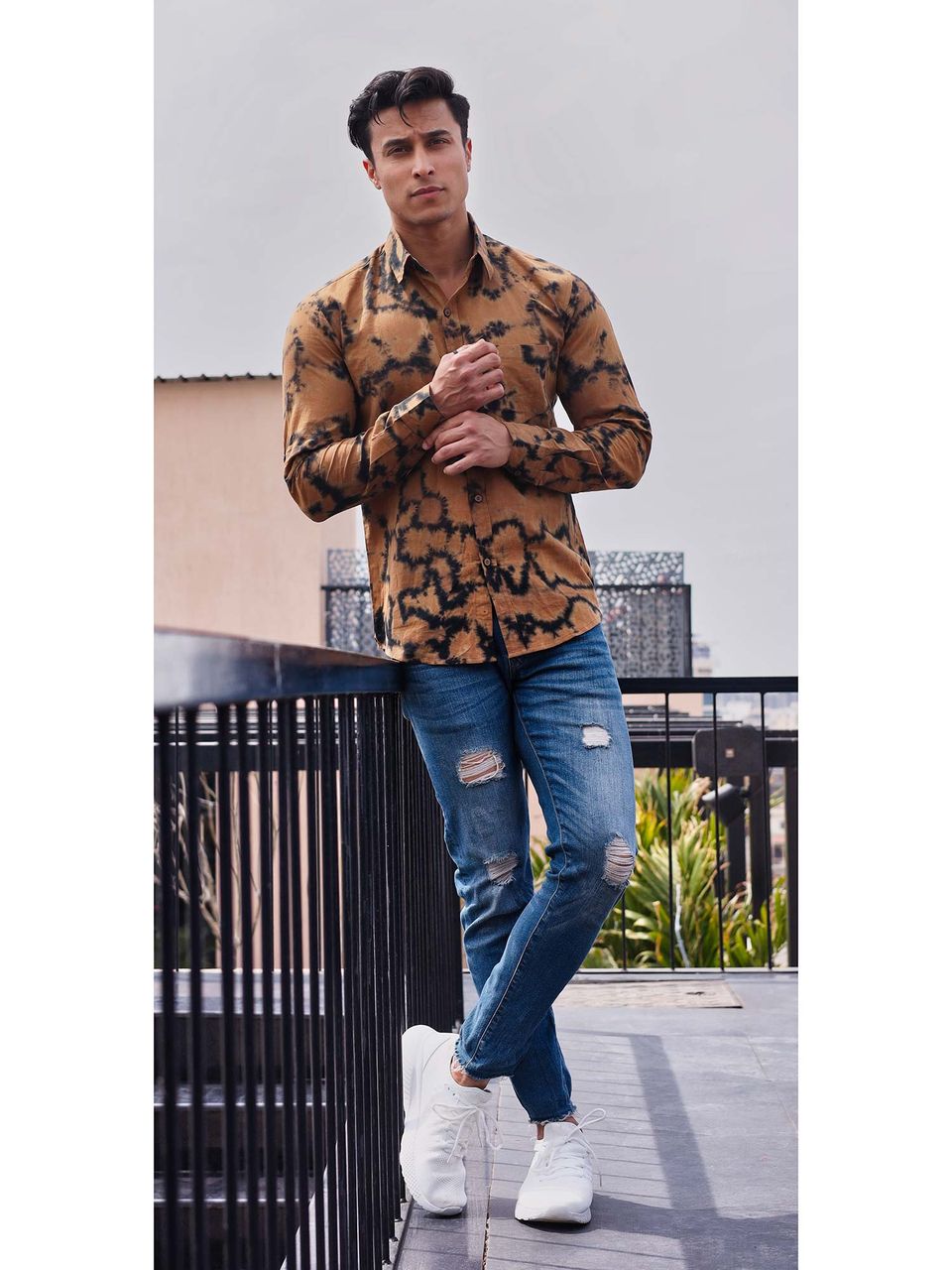Qala Jaipur Black & Brown Tie-Dye Cotton Shirt for Men | Rajasthani Hand-Dyed Shibori Shirt