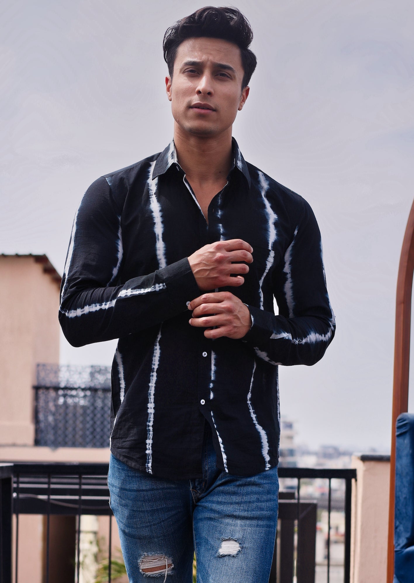 Qala Jaipur Black Tie-Dye Cotton Shirt for Men | Rajasthani Hand-Dyed Shibori Shirt