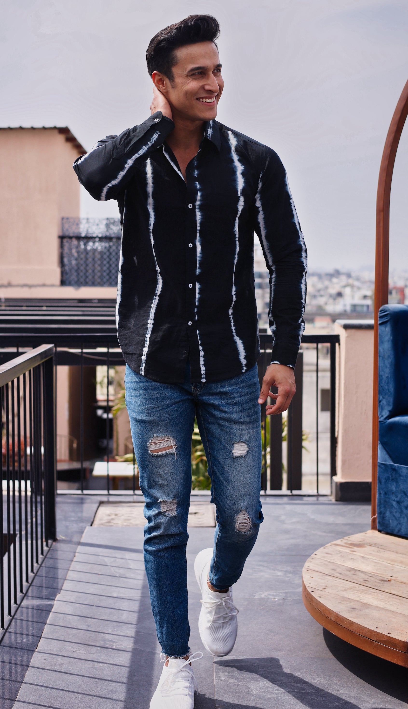 Qala Jaipur Black Tie-Dye Cotton Shirt for Men | Rajasthani Hand-Dyed Shibori Shirt