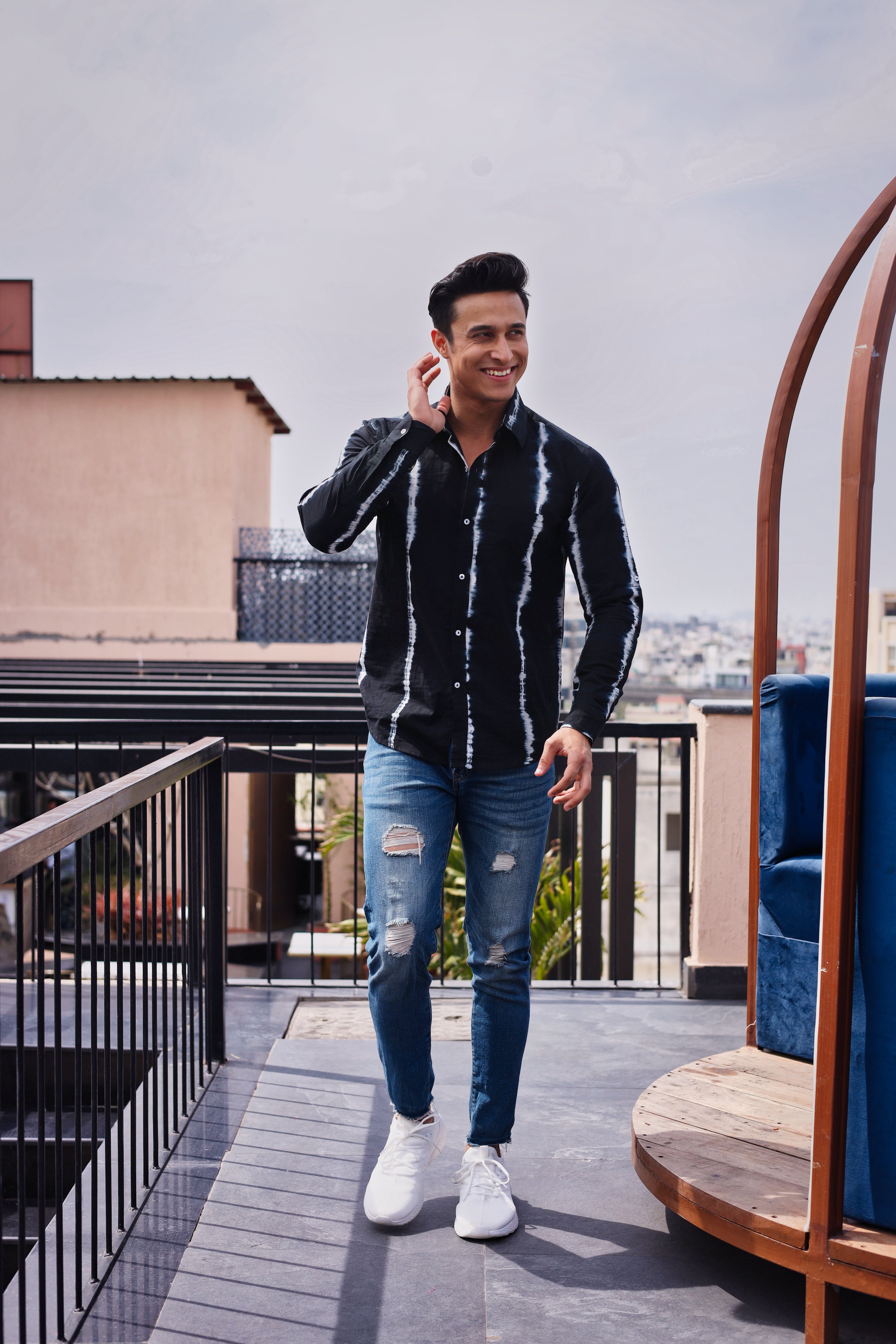 Qala Jaipur Black Tie-Dye Cotton Shirt for Men | Rajasthani Hand-Dyed Shibori Shirt