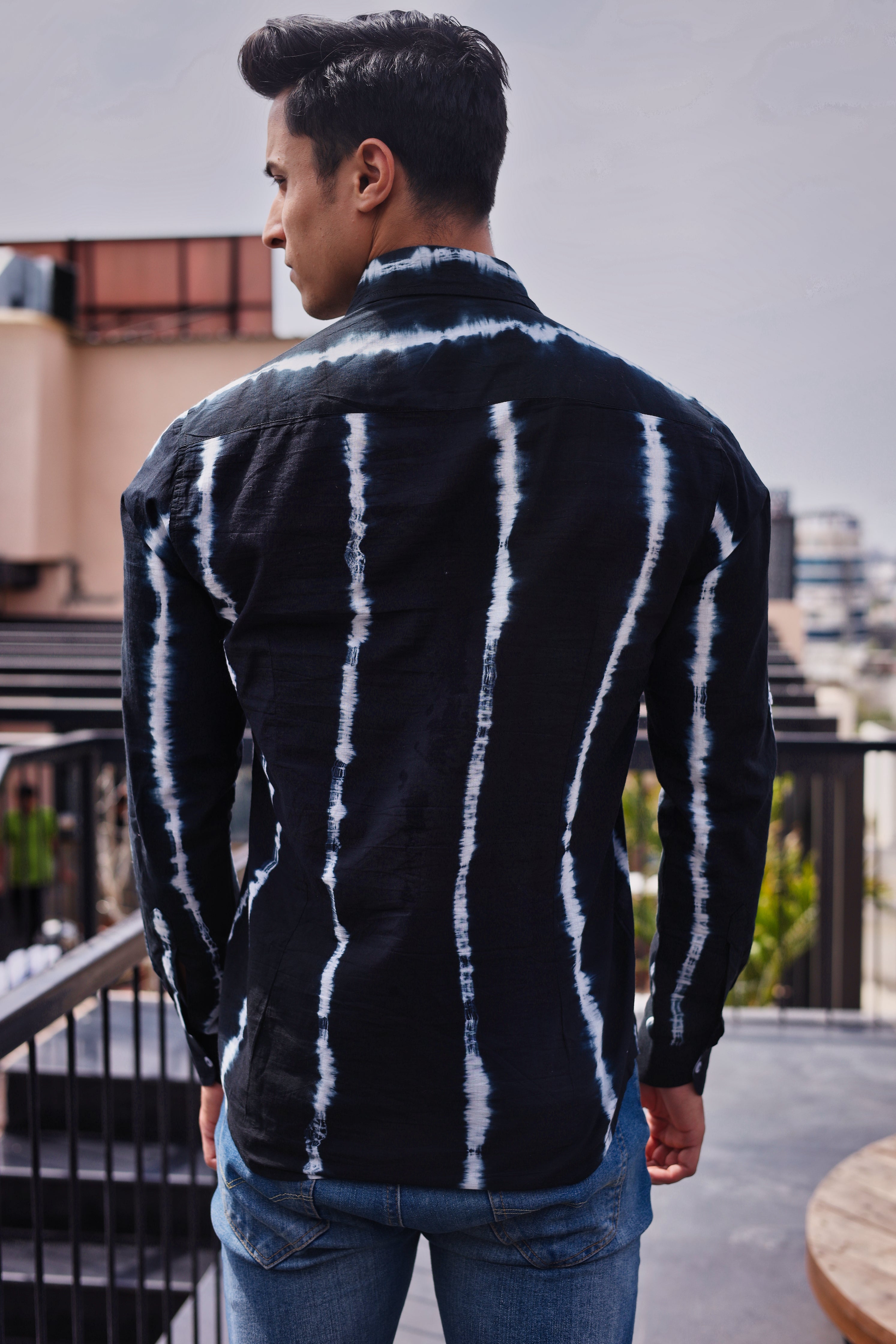 Qala Jaipur Black Tie-Dye Cotton Shirt for Men | Rajasthani Hand-Dyed Shibori Shirt