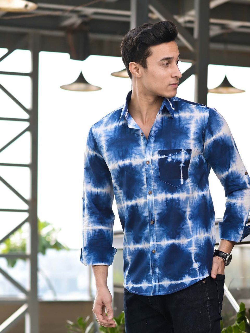 Qala Jaipur Indigo Tie-Dye Cotton Shirt for Men | Rajasthani Hand-Dyed Shibori Shirt