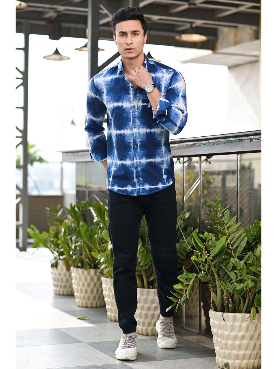 Qala Jaipur Indigo Tie-Dye Cotton Shirt for Men | Rajasthani Hand-Dyed Shibori Shirt
