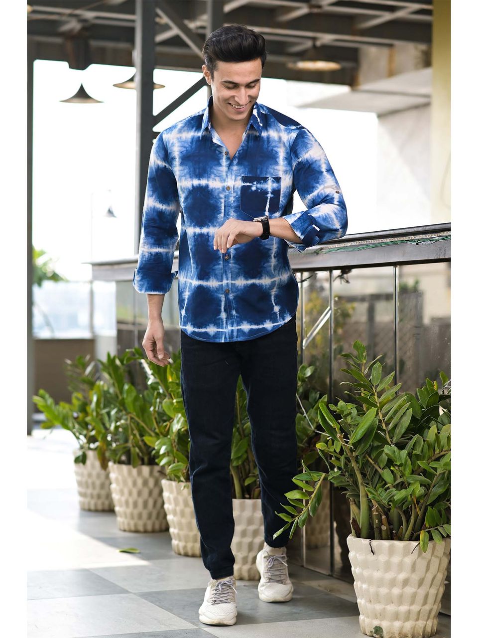 Qala Jaipur Indigo Tie-Dye Cotton Shirt for Men | Rajasthani Hand-Dyed Shibori Shirt