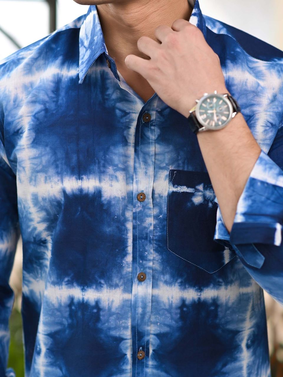 Qala Jaipur Indigo Tie-Dye Cotton Shirt for Men | Rajasthani Hand-Dyed Shibori Shirt