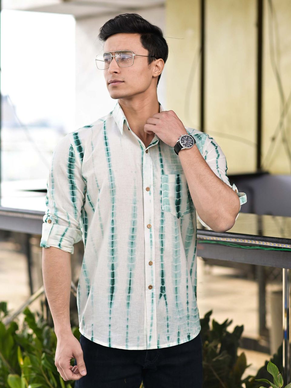 Qala Jaipur White & Green Tie-Dye Cotton Shirt for Men | Rajasthani Hand-Dyed Shibori Shirt