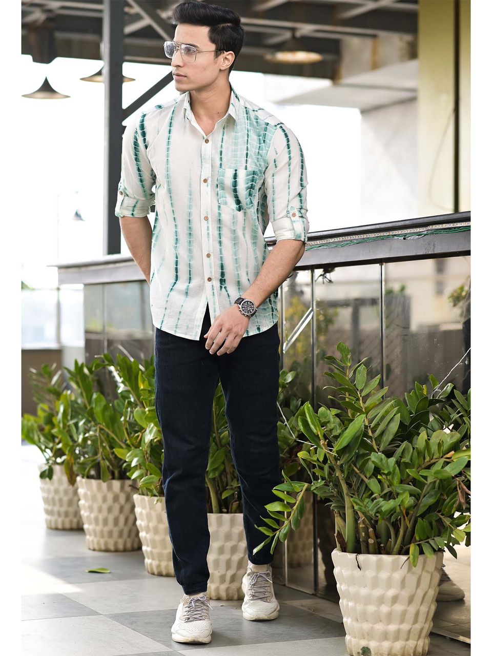 Qala Jaipur White & Green Tie-Dye Cotton Shirt for Men | Rajasthani Hand-Dyed Shibori Shirt
