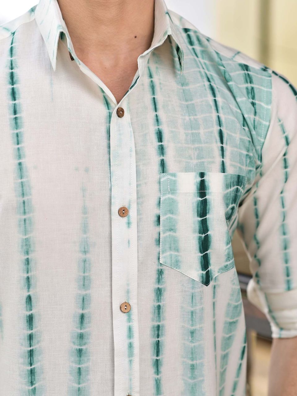 Qala Jaipur White & Green Tie-Dye Cotton Shirt for Men | Rajasthani Hand-Dyed Shibori Shirt