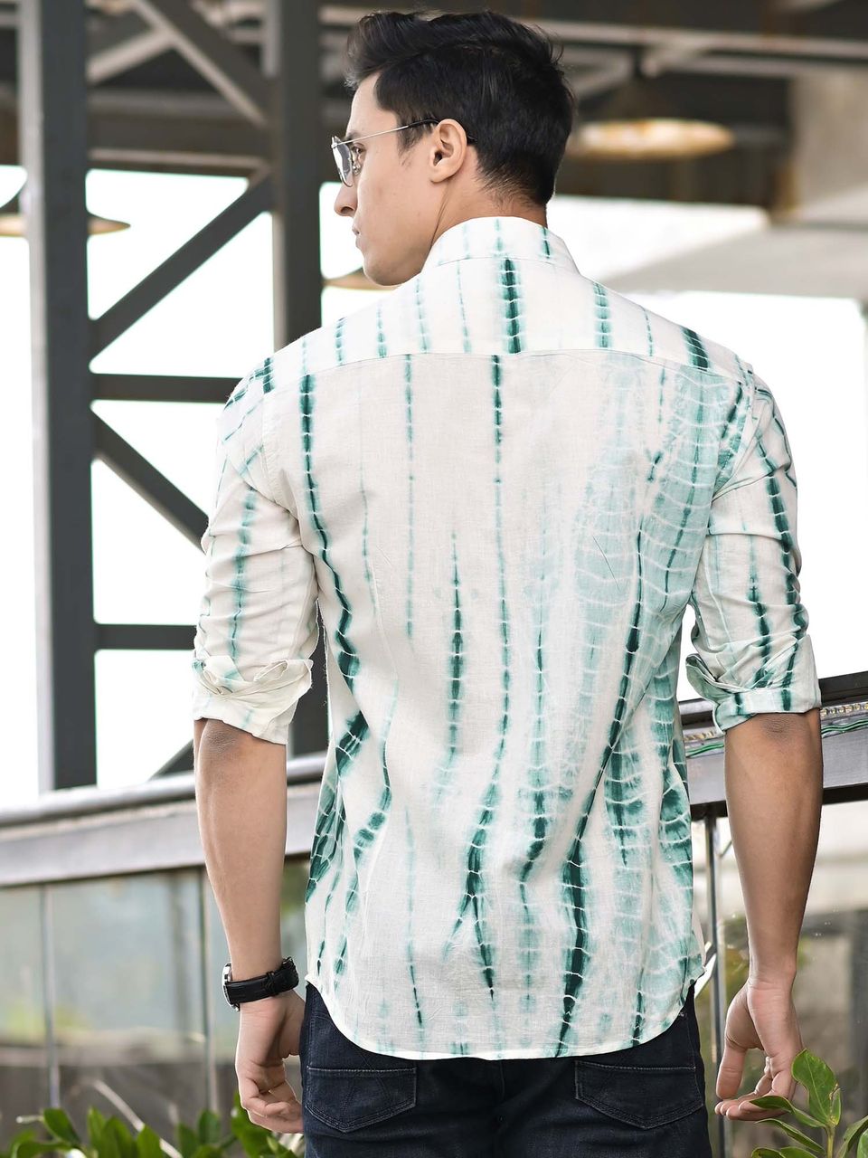 Qala Jaipur White & Green Tie-Dye Cotton Shirt for Men | Rajasthani Hand-Dyed Shibori Shirt