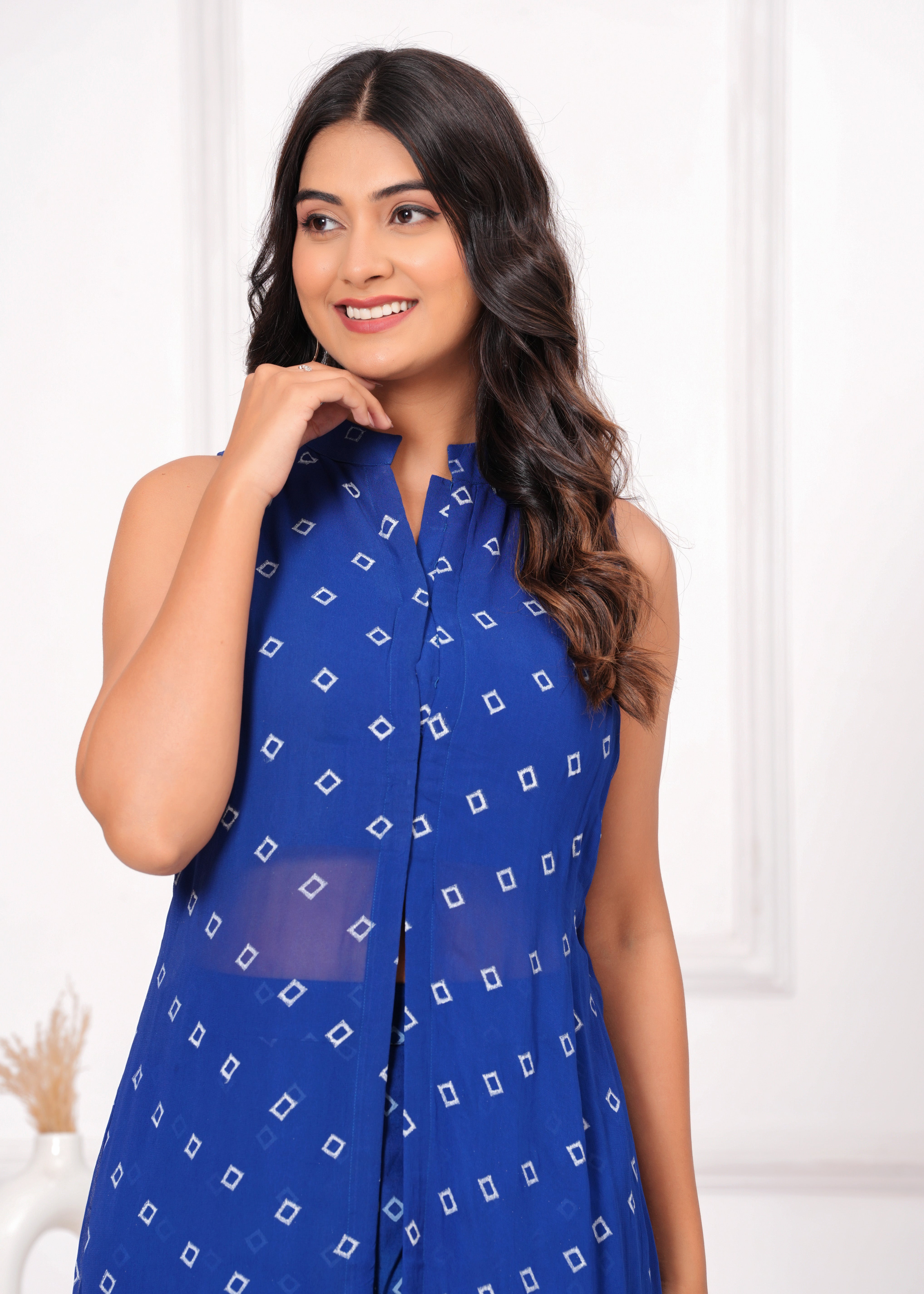 Qala Jaipur Royal Blue Bandhej Khari Print 3-Piece Co-ord Set (Crop Top, Shrug Jacket & Pants)