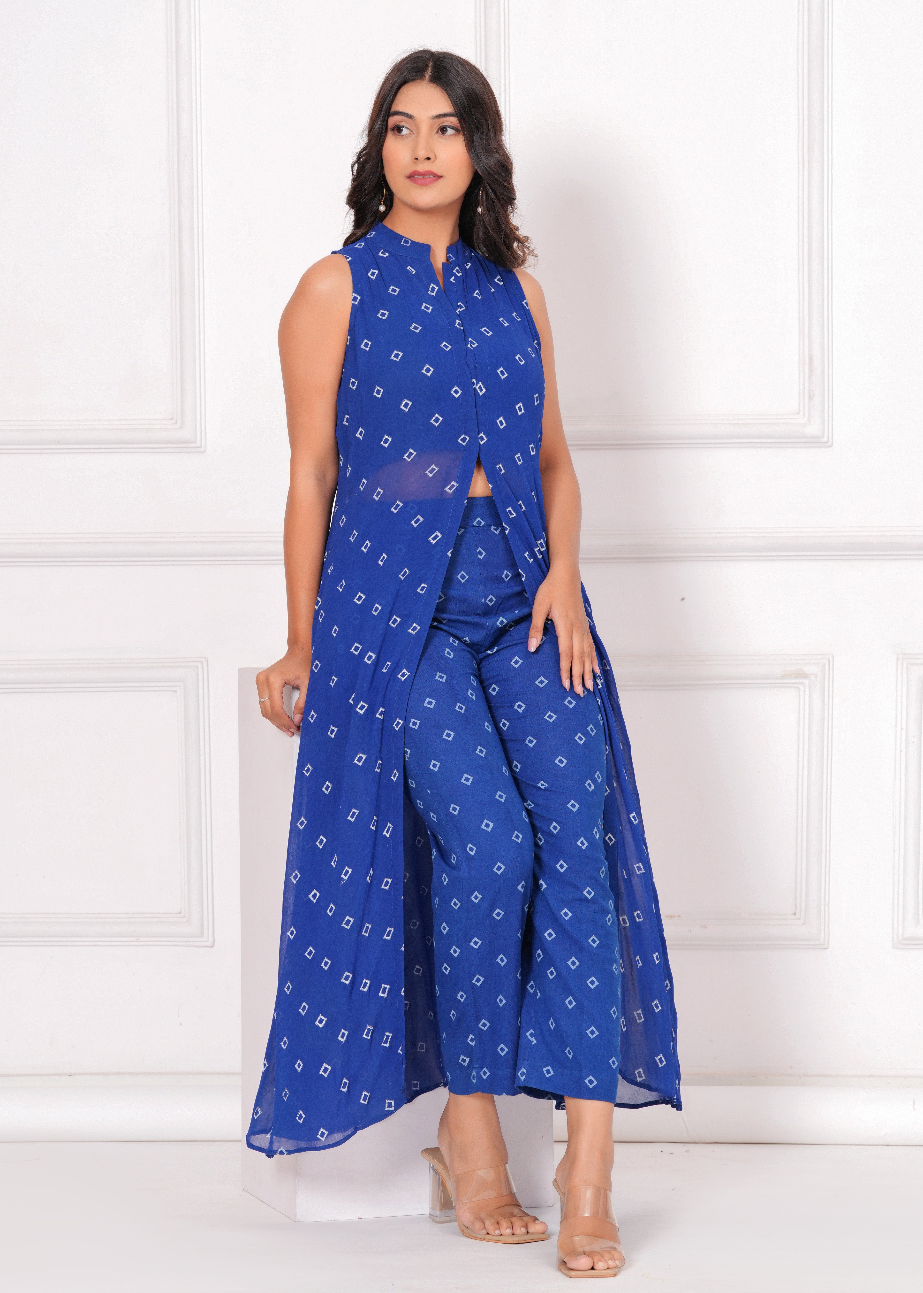 Qala Jaipur Royal Blue Bandhej Khari Print 3-Piece Co-ord Set (Crop Top, Shrug Jacket & Pants)