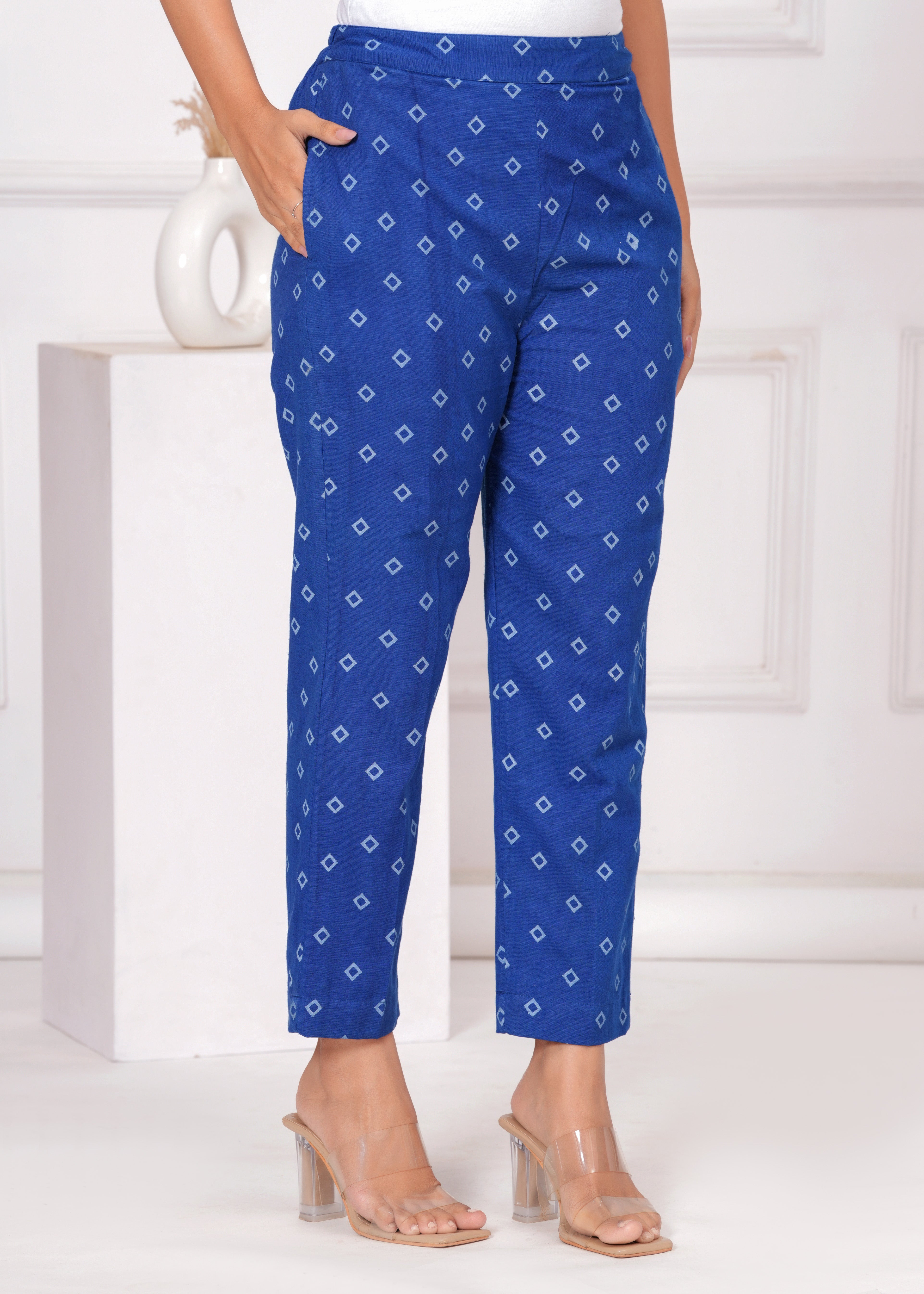 Qala Jaipur Royal Blue Bandhej Khari Print 3-Piece Co-ord Set (Crop Top, Shrug Jacket & Pants)