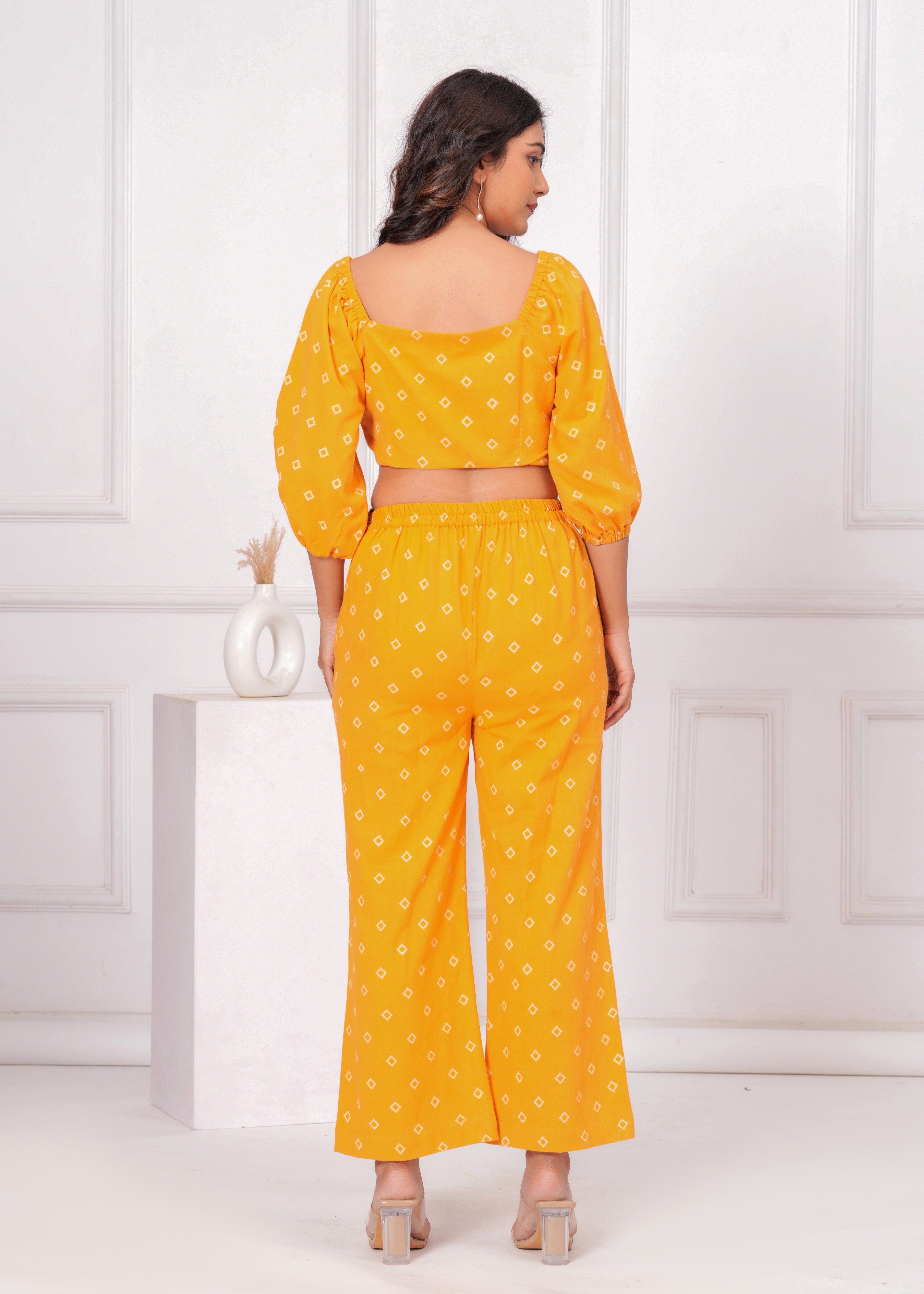 Qala Jaipur Mustard Bandhej Khari Print Puff Sleeve Crop Top & Wide Leg Pant Co-ord Set