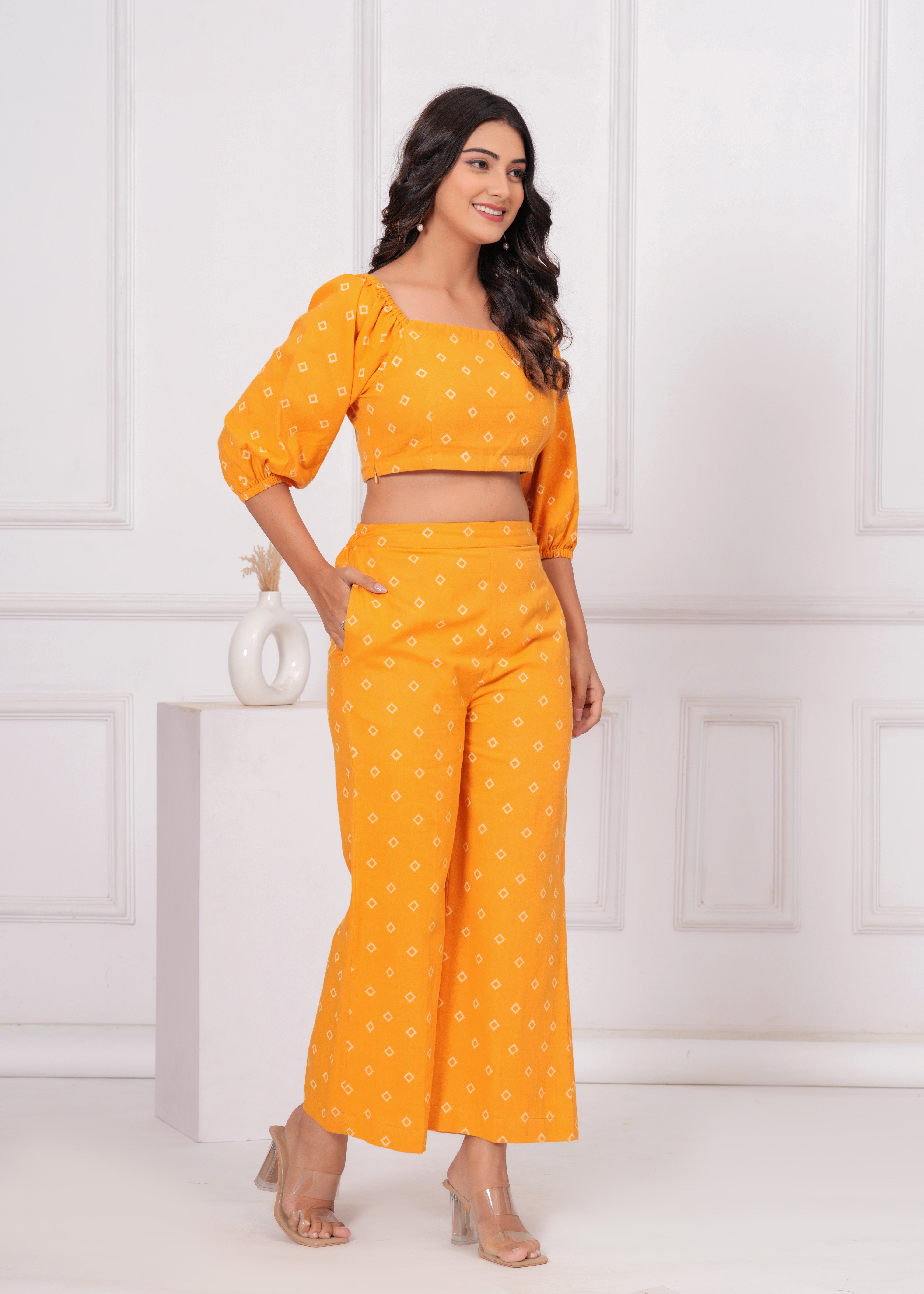 Qala Jaipur Mustard Bandhej Khari Print Puff Sleeve Crop Top & Wide Leg Pant Co-ord Set