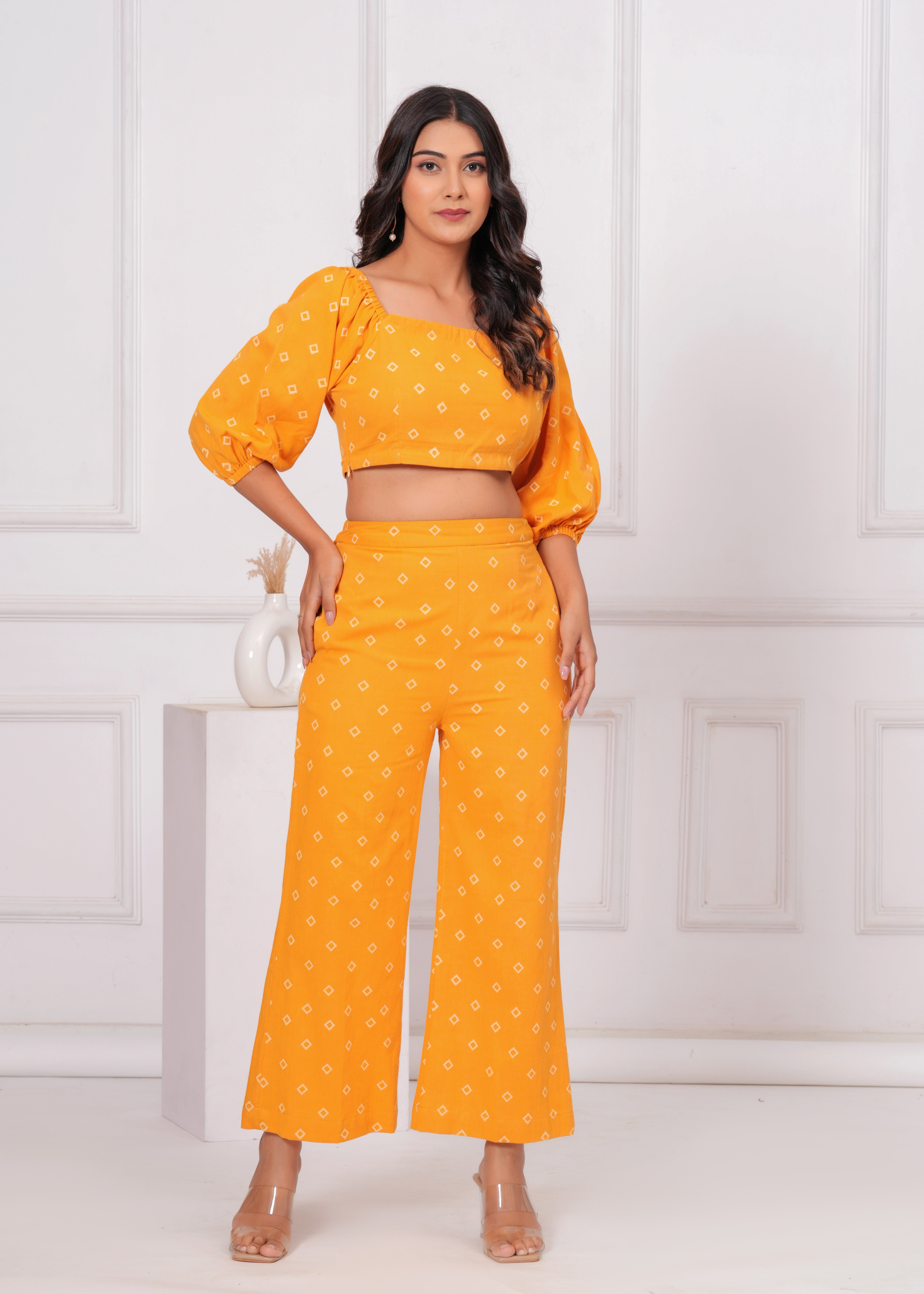 Qala Jaipur Mustard Bandhej Khari Print Puff Sleeve Crop Top & Wide Leg Pant Co-ord Set