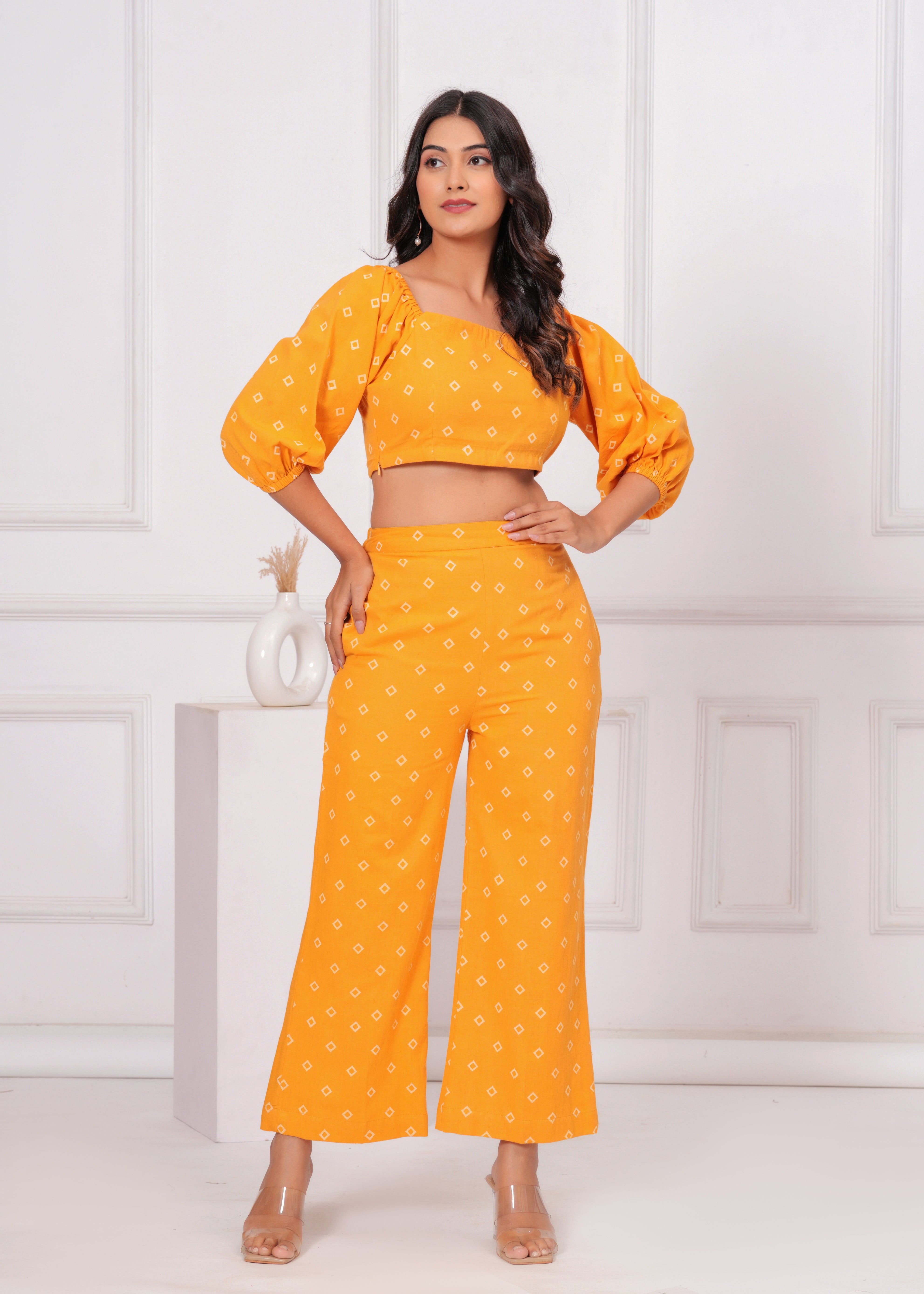 Qala Jaipur Mustard Bandhej Khari Print Puff Sleeve Crop Top & Wide Leg Pant Co-ord Set