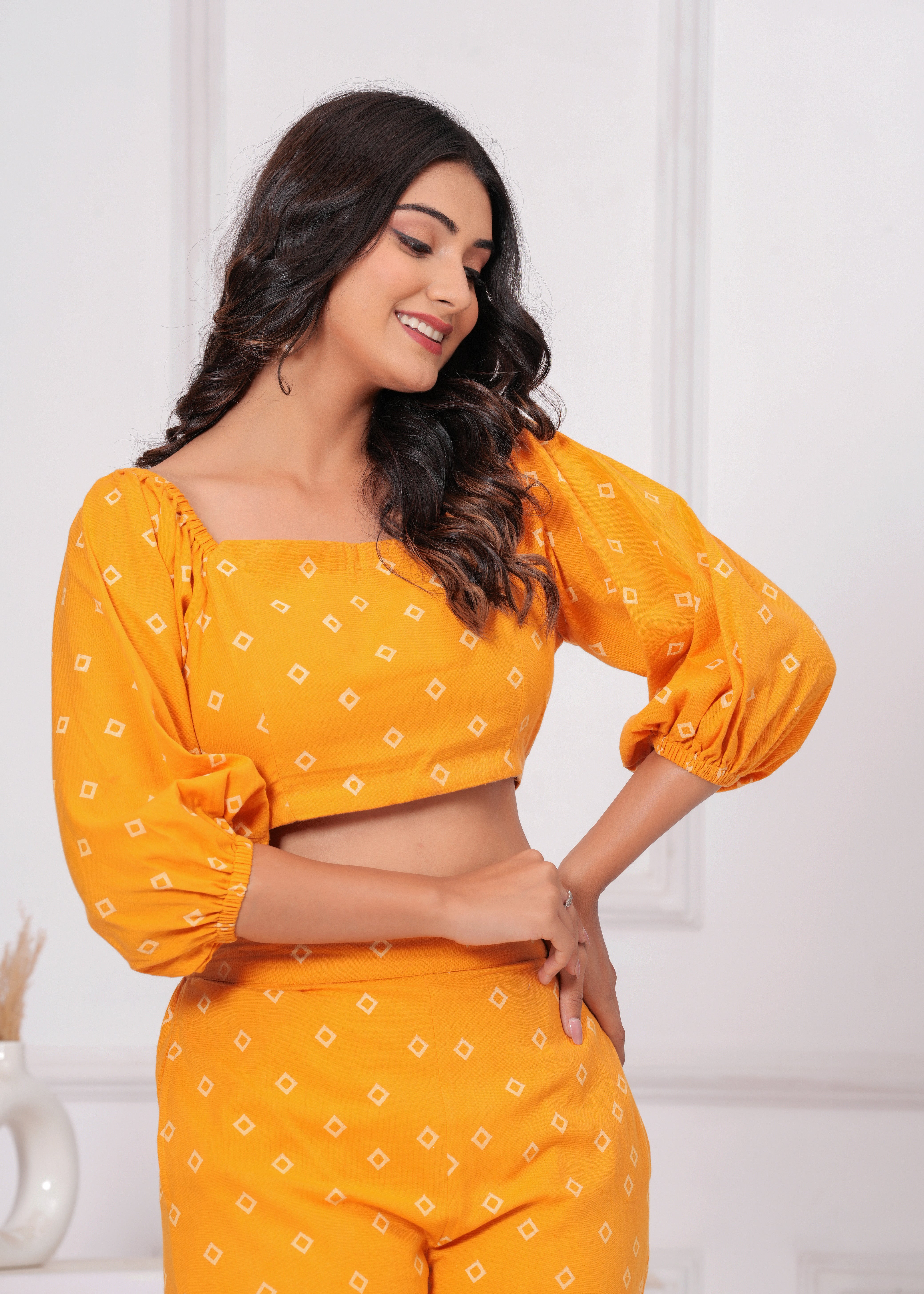 Qala Jaipur Mustard Bandhej Khari Print Puff Sleeve Crop Top & Wide Leg Pant Co-ord Set