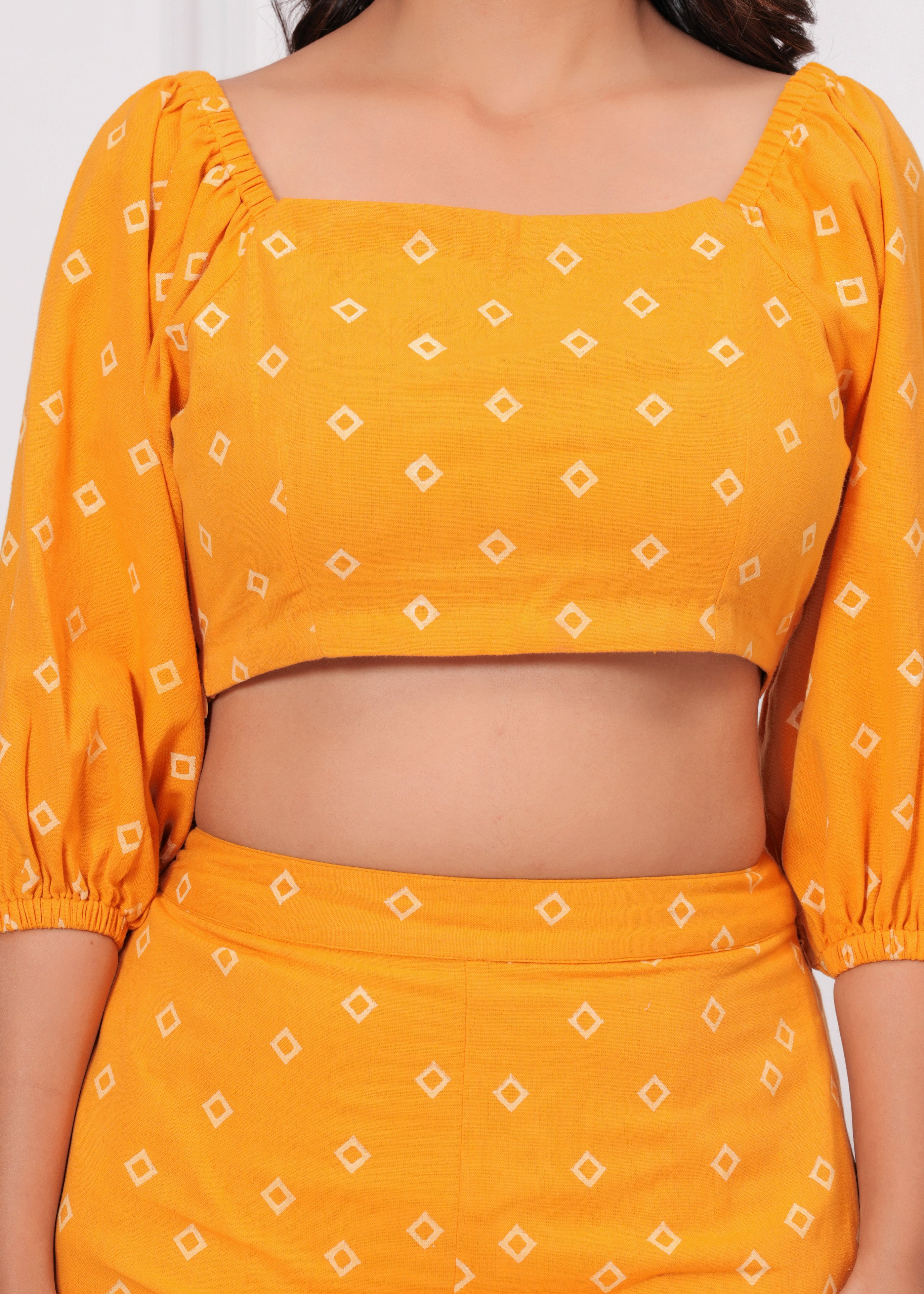 Qala Jaipur Mustard Bandhej Khari Print Puff Sleeve Crop Top & Wide Leg Pant Co-ord Set