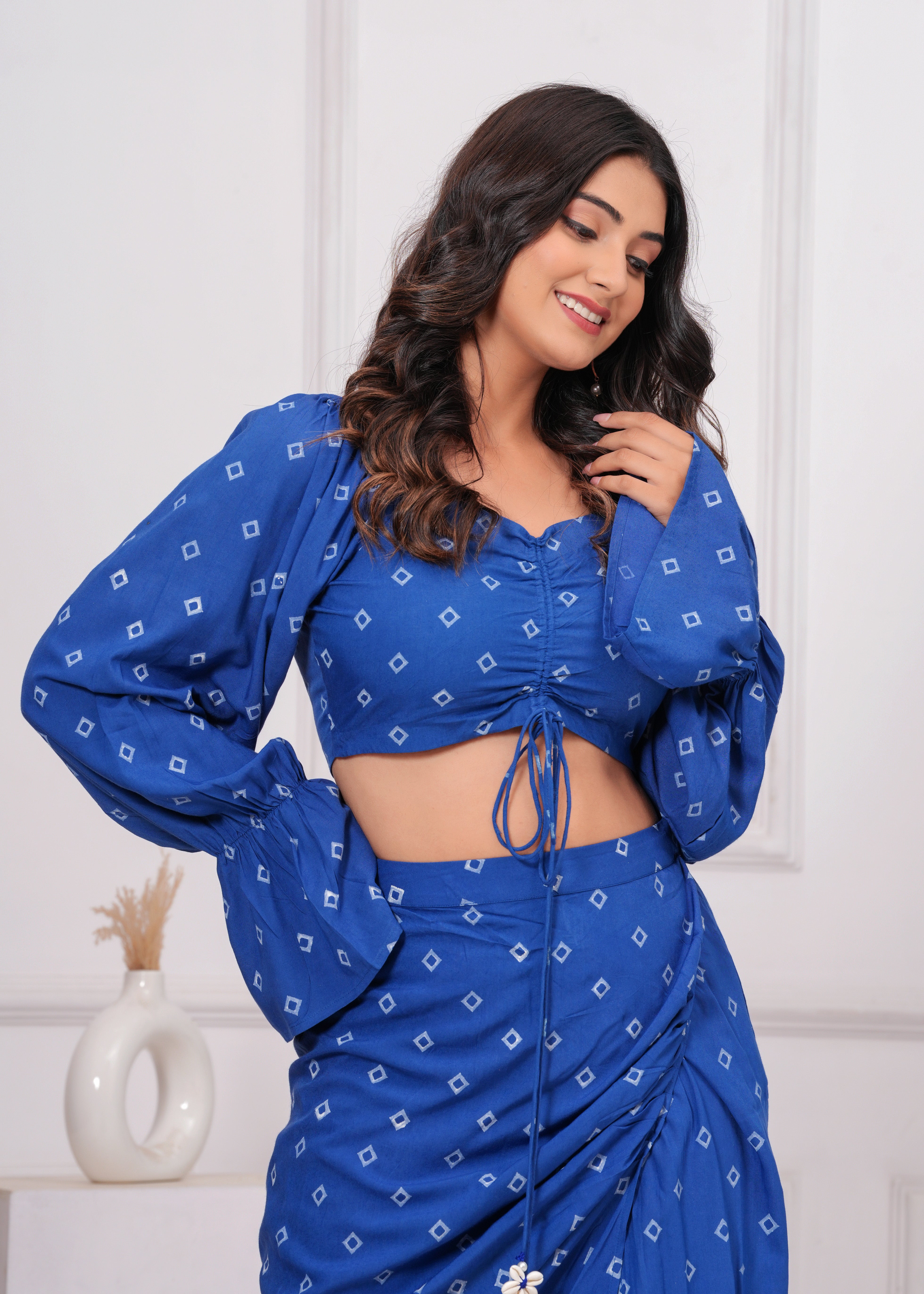 Qala Jaipur Cobalt Blue Bandhej Print Co-ord Set | Boho Off-Shoulder Crop Top & Wrap Skirt, Handmade in India