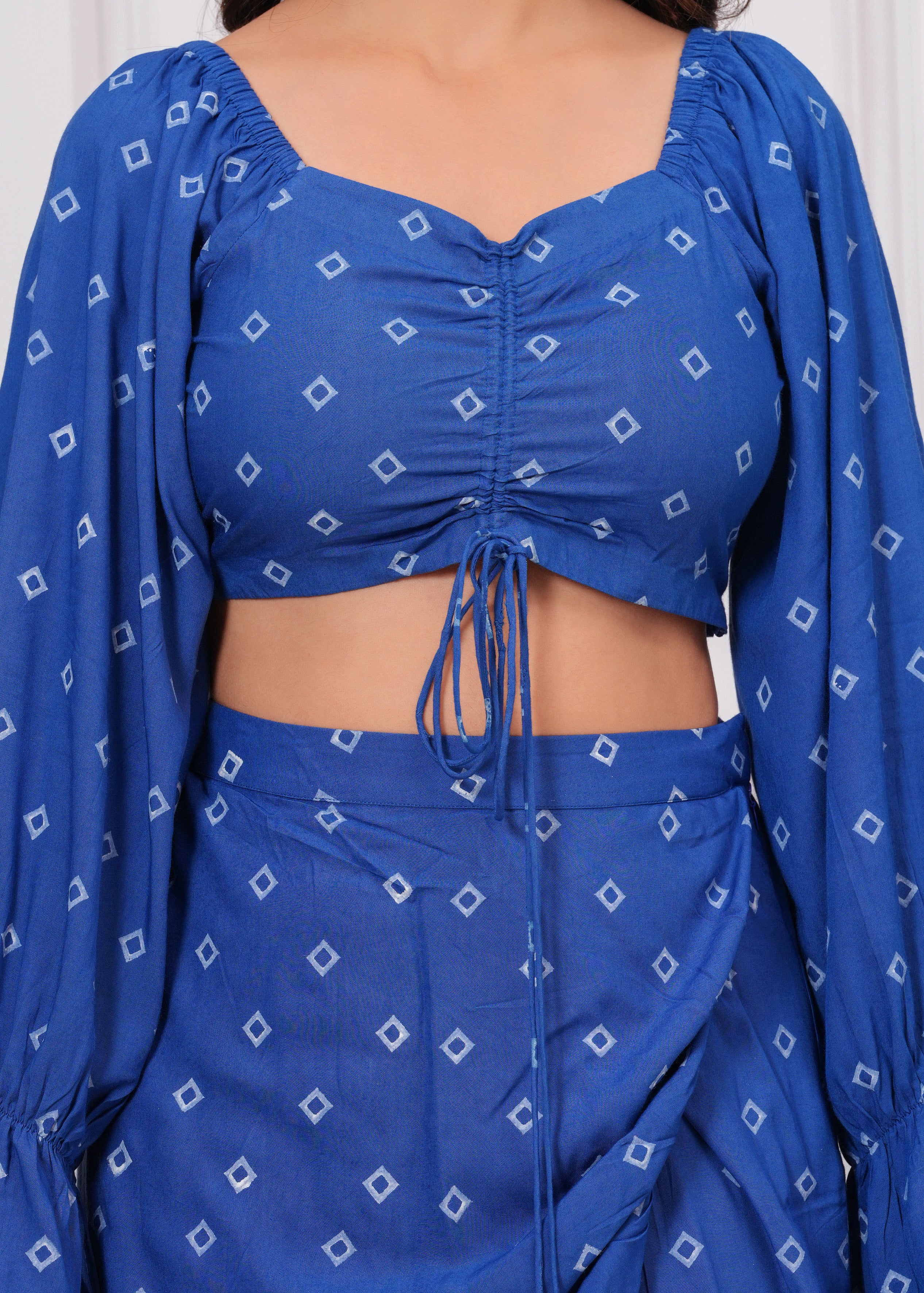 Qala Jaipur Cobalt Blue Bandhej Print Co-ord Set | Boho Off-Shoulder Crop Top & Wrap Skirt, Handmade in India