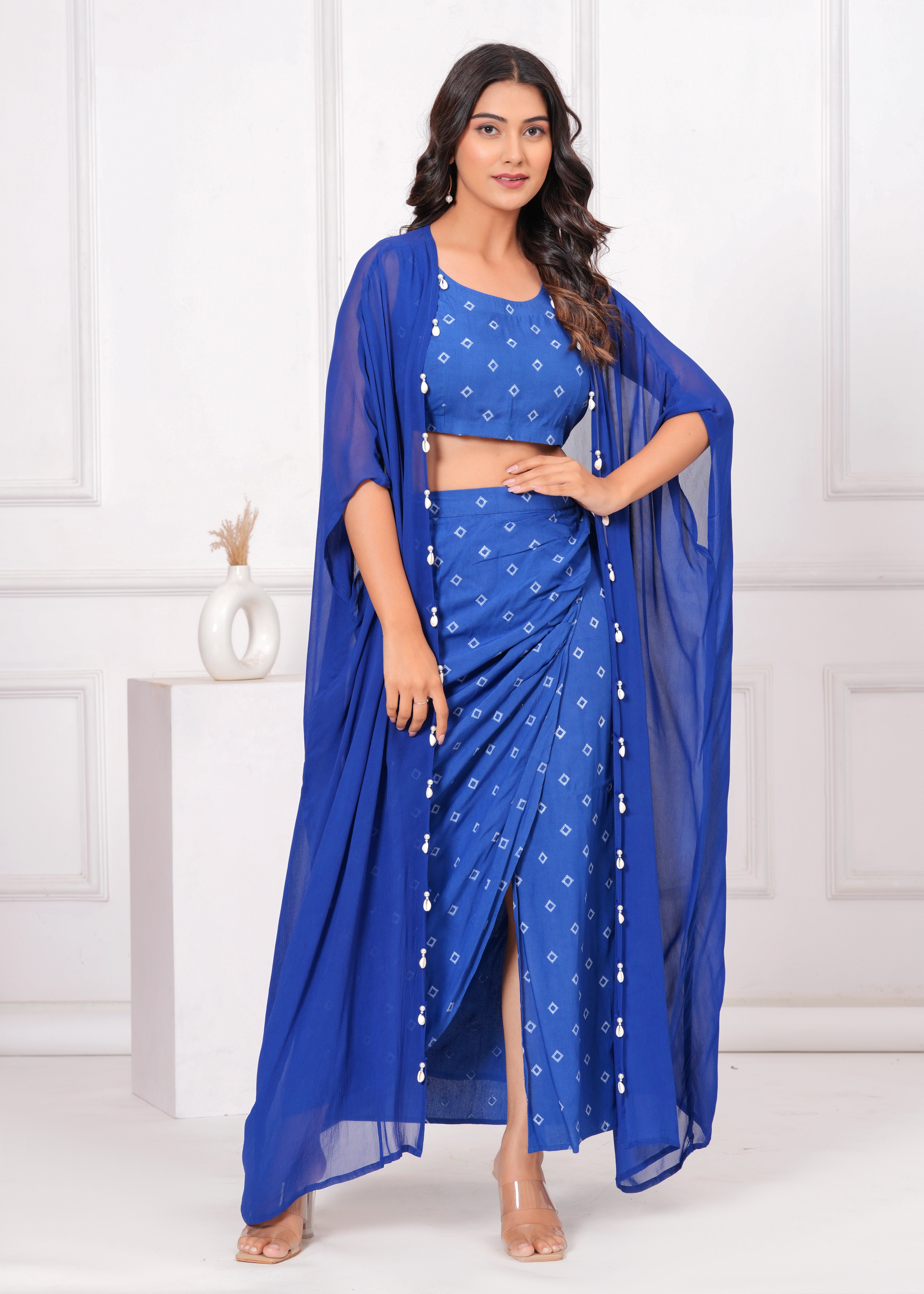 Qala Jaipur Royal Blue Bandhej Khari Print 3-Piece Co-ord Set (Crop Top, Wrap Skirt & Crepe Georgette Shrug)