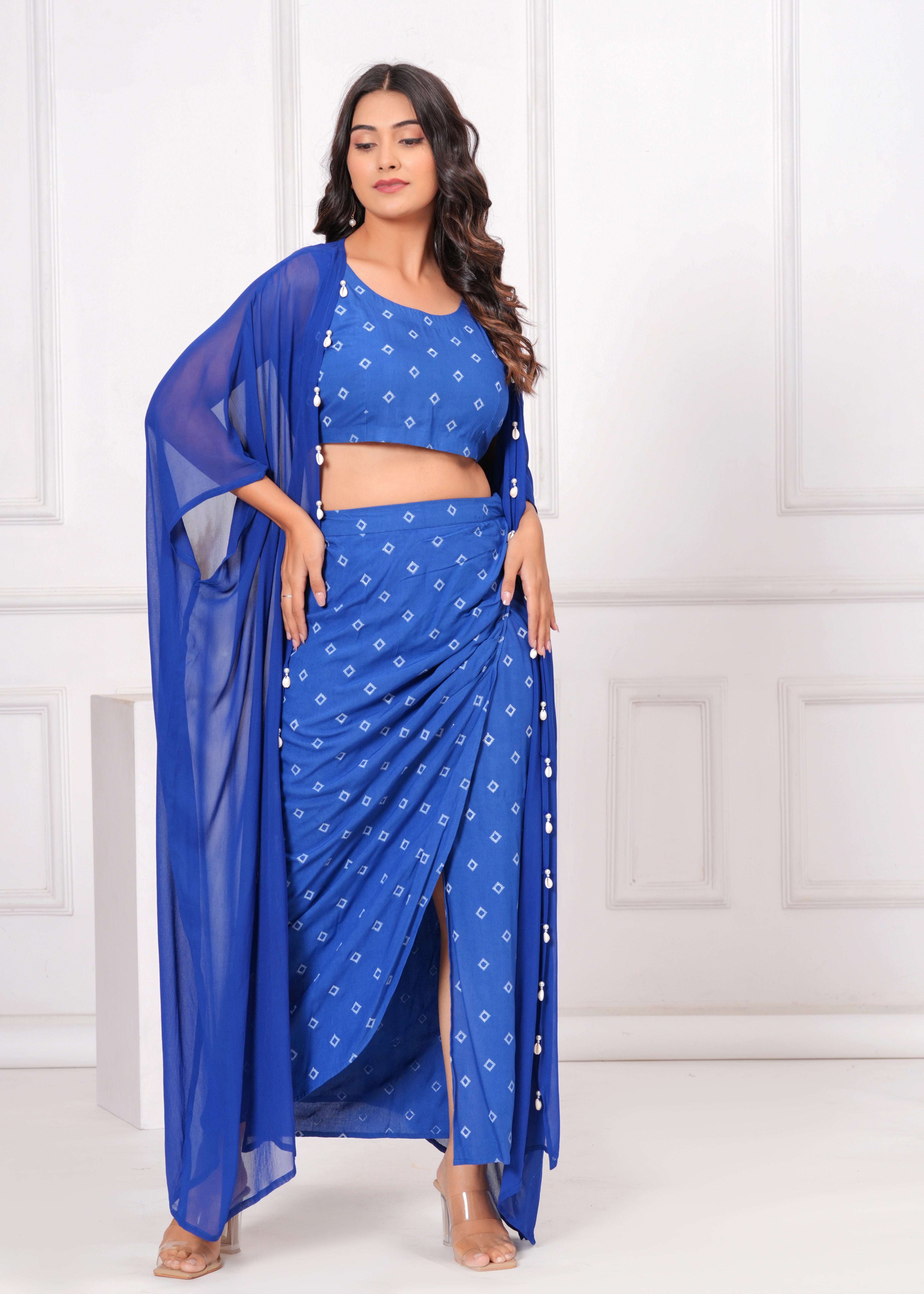Qala Jaipur Royal Blue Bandhej Khari Print 3-Piece Co-ord Set (Crop Top, Wrap Skirt & Crepe Georgette Shrug)