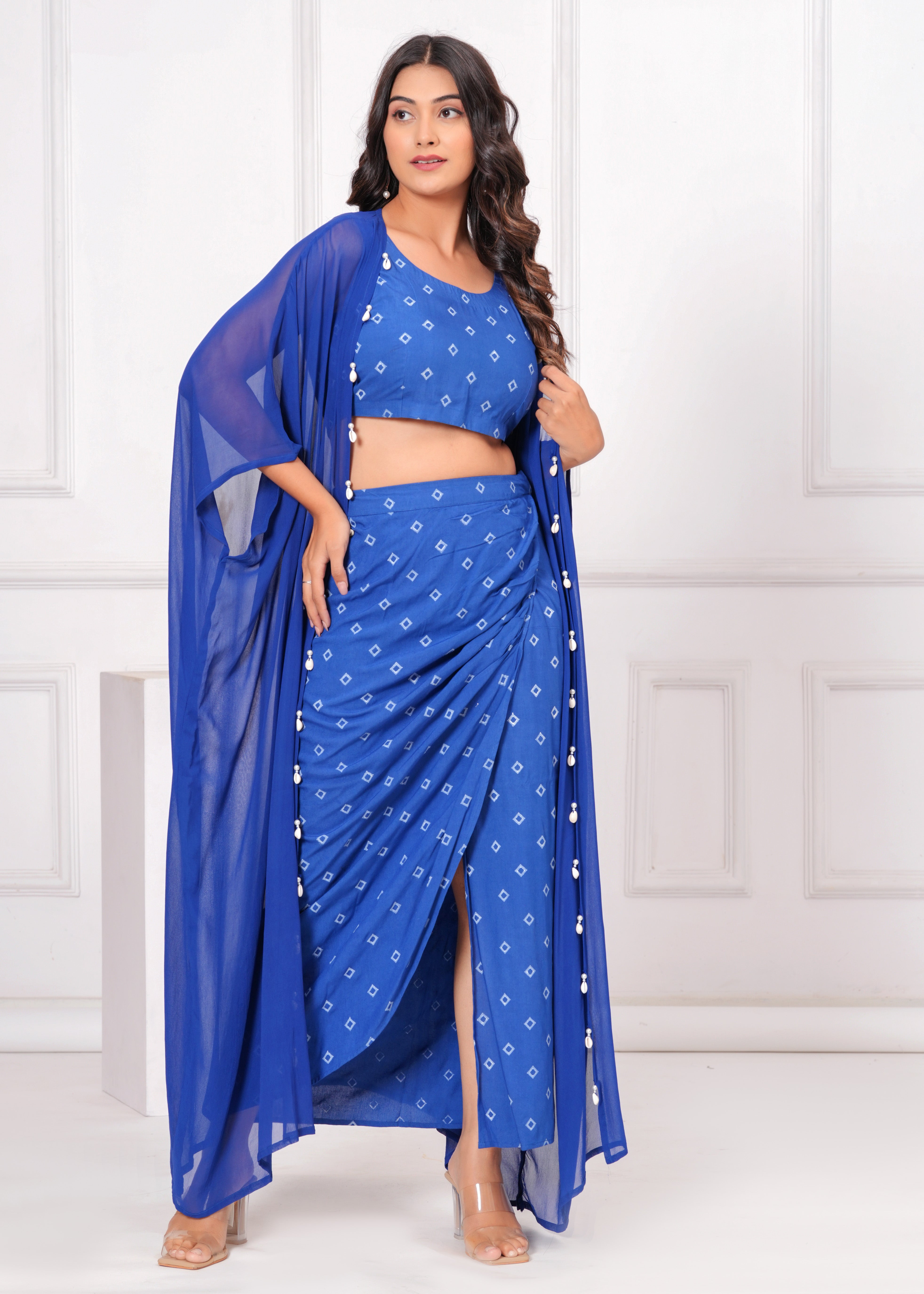 Qala Jaipur Royal Blue Bandhej Khari Print 3-Piece Co-ord Set (Crop Top, Wrap Skirt & Crepe Georgette Shrug)