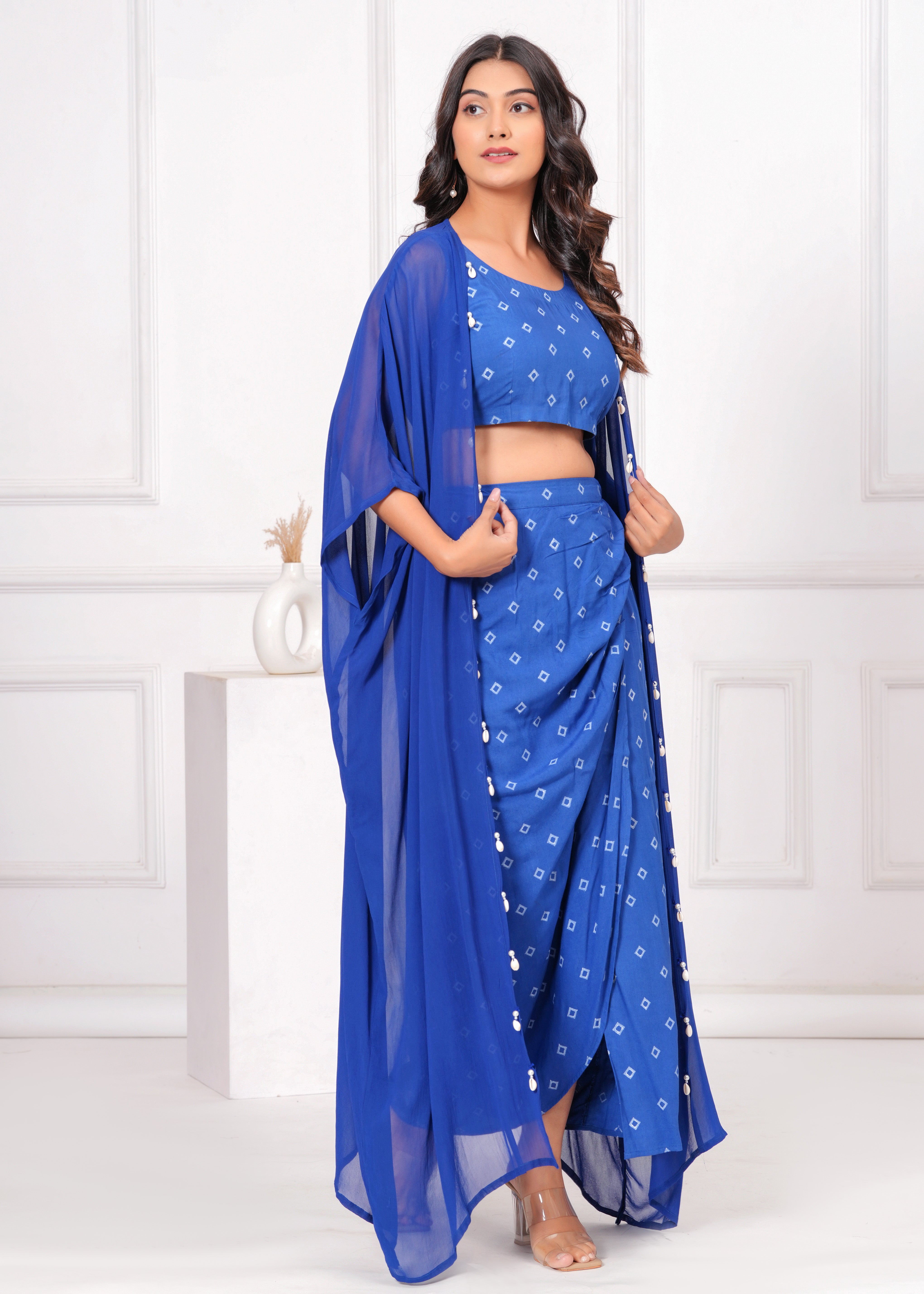 Qala Jaipur Royal Blue Bandhej Khari Print 3-Piece Co-ord Set (Crop Top, Wrap Skirt & Crepe Georgette Shrug)
