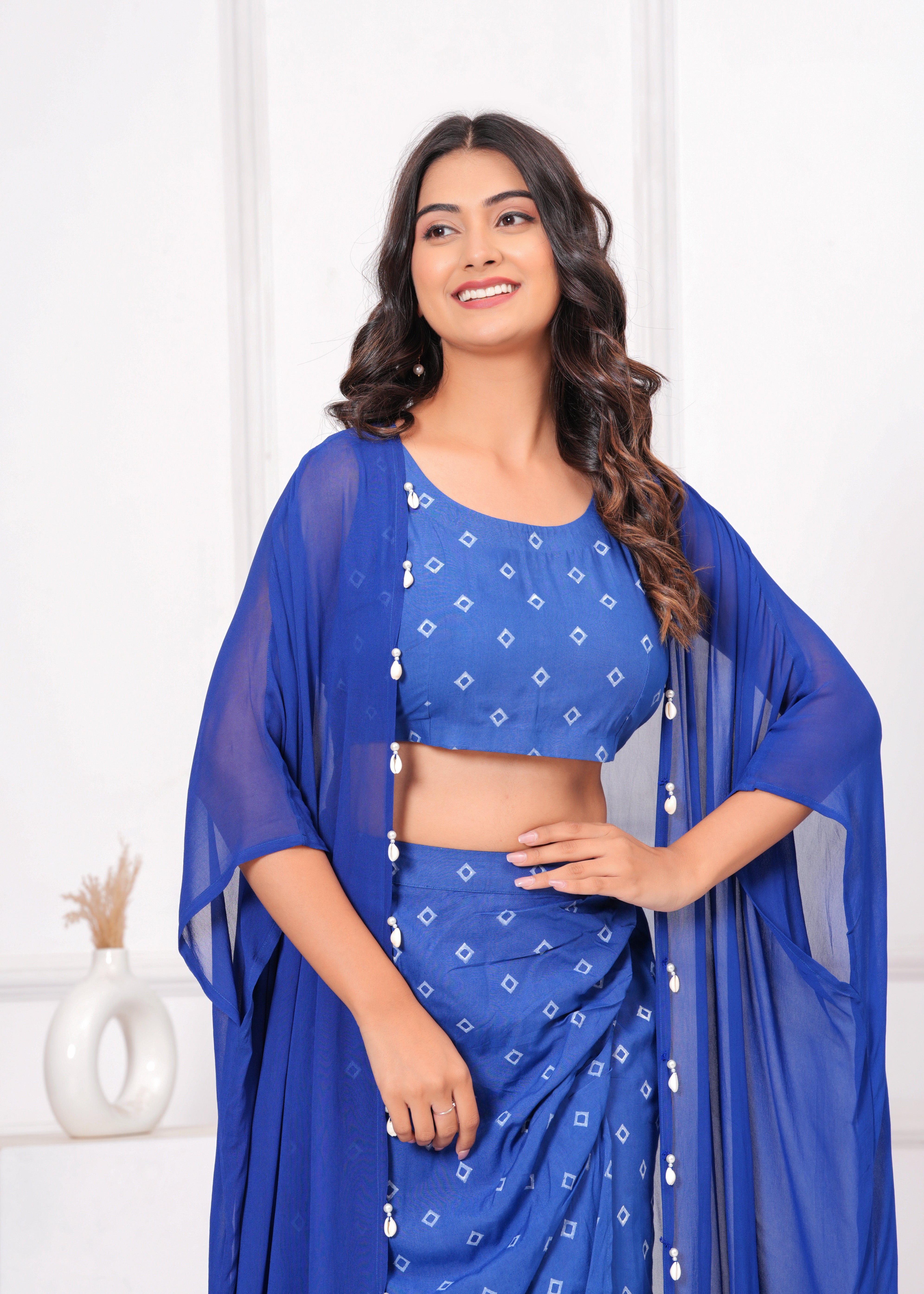 Qala Jaipur Royal Blue Bandhej Khari Print 3-Piece Co-ord Set (Crop Top, Wrap Skirt & Crepe Georgette Shrug)