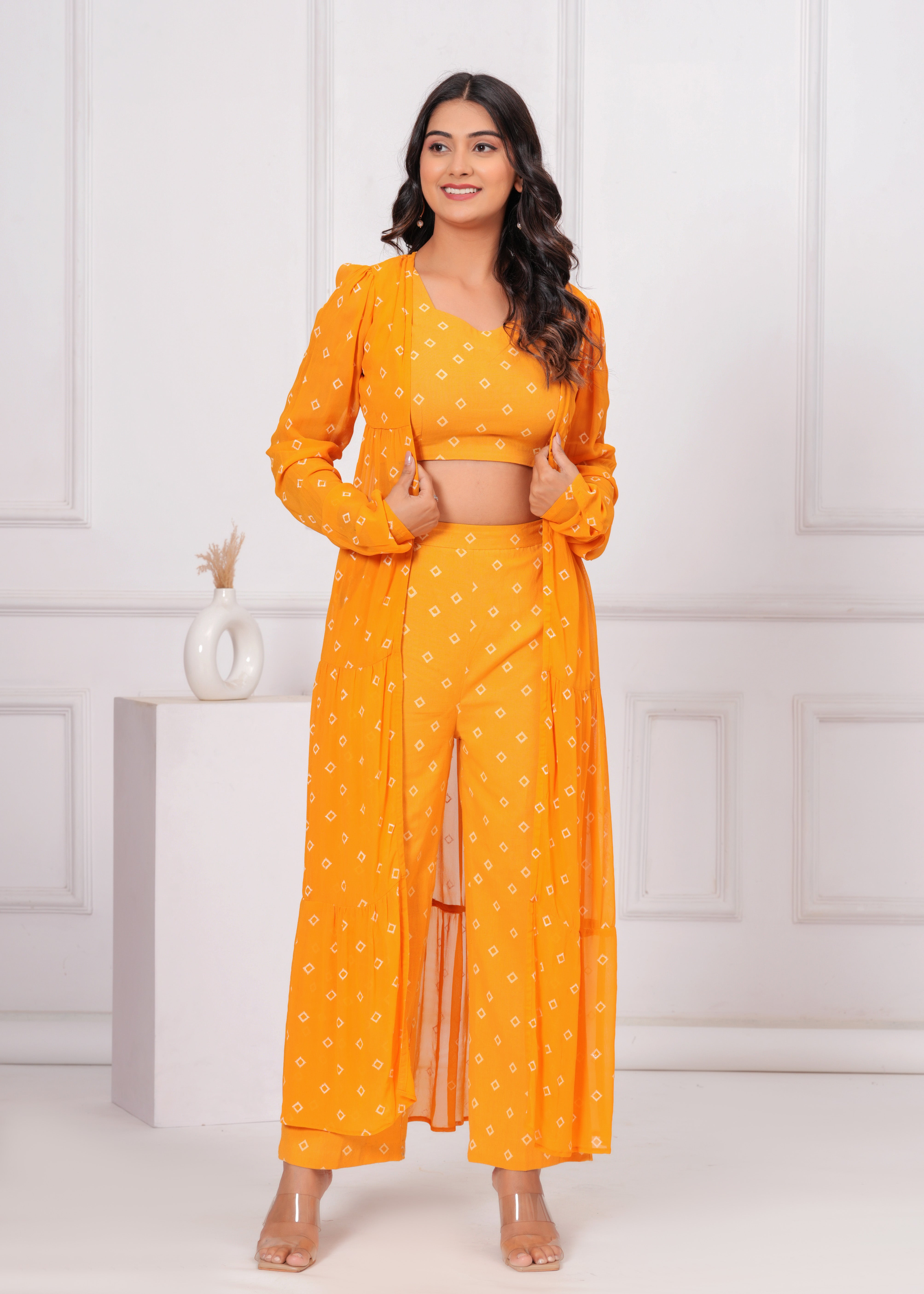 Qala Jaipur Mustard Bandhej Khari Print 3-Piece Co-ord Set (Crop Top, Pants & Tiered Crepe Georgette Shrug)