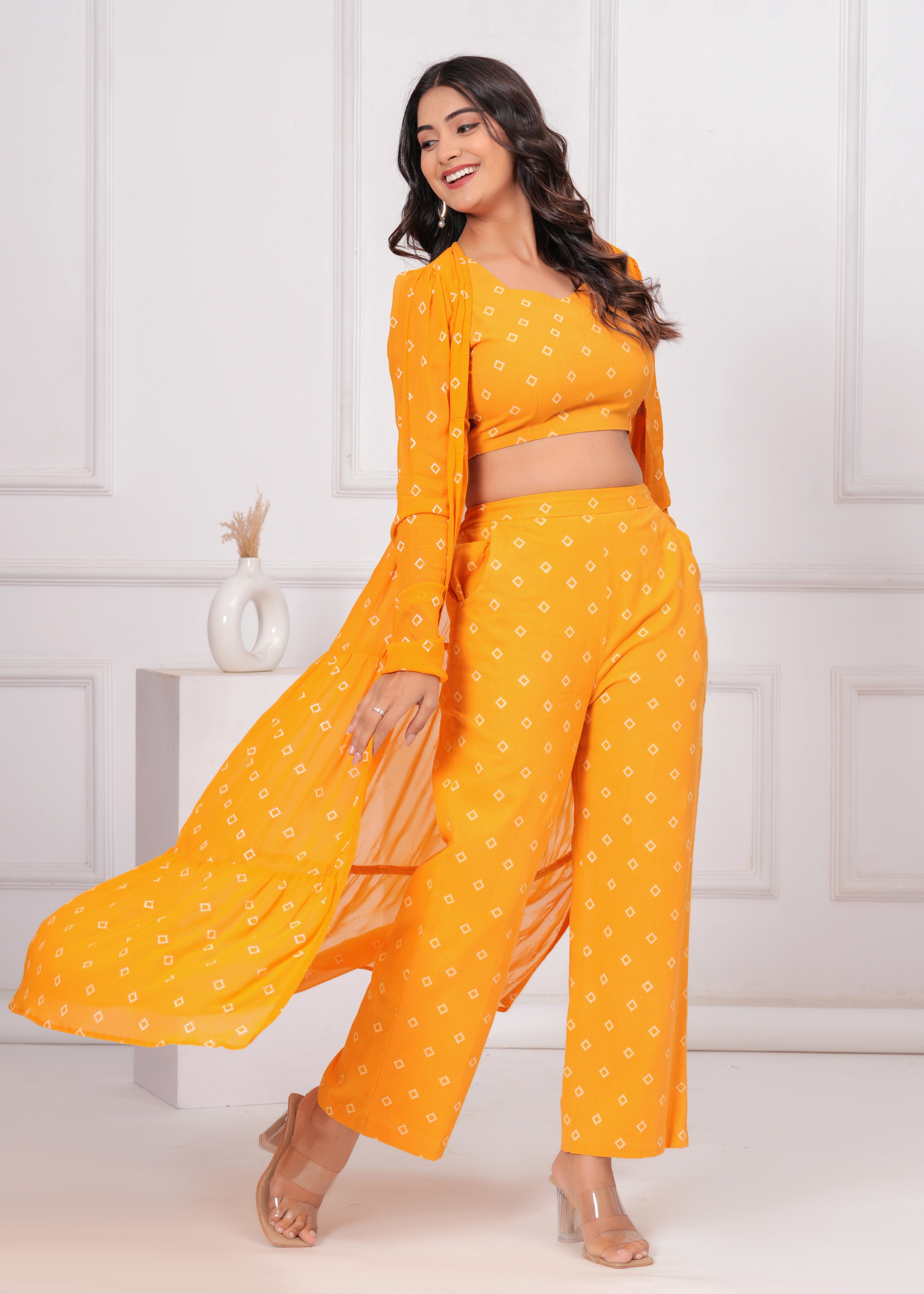 Qala Jaipur Mustard Bandhej Khari Print 3-Piece Co-ord Set (Crop Top, Pants & Tiered Crepe Georgette Shrug)
