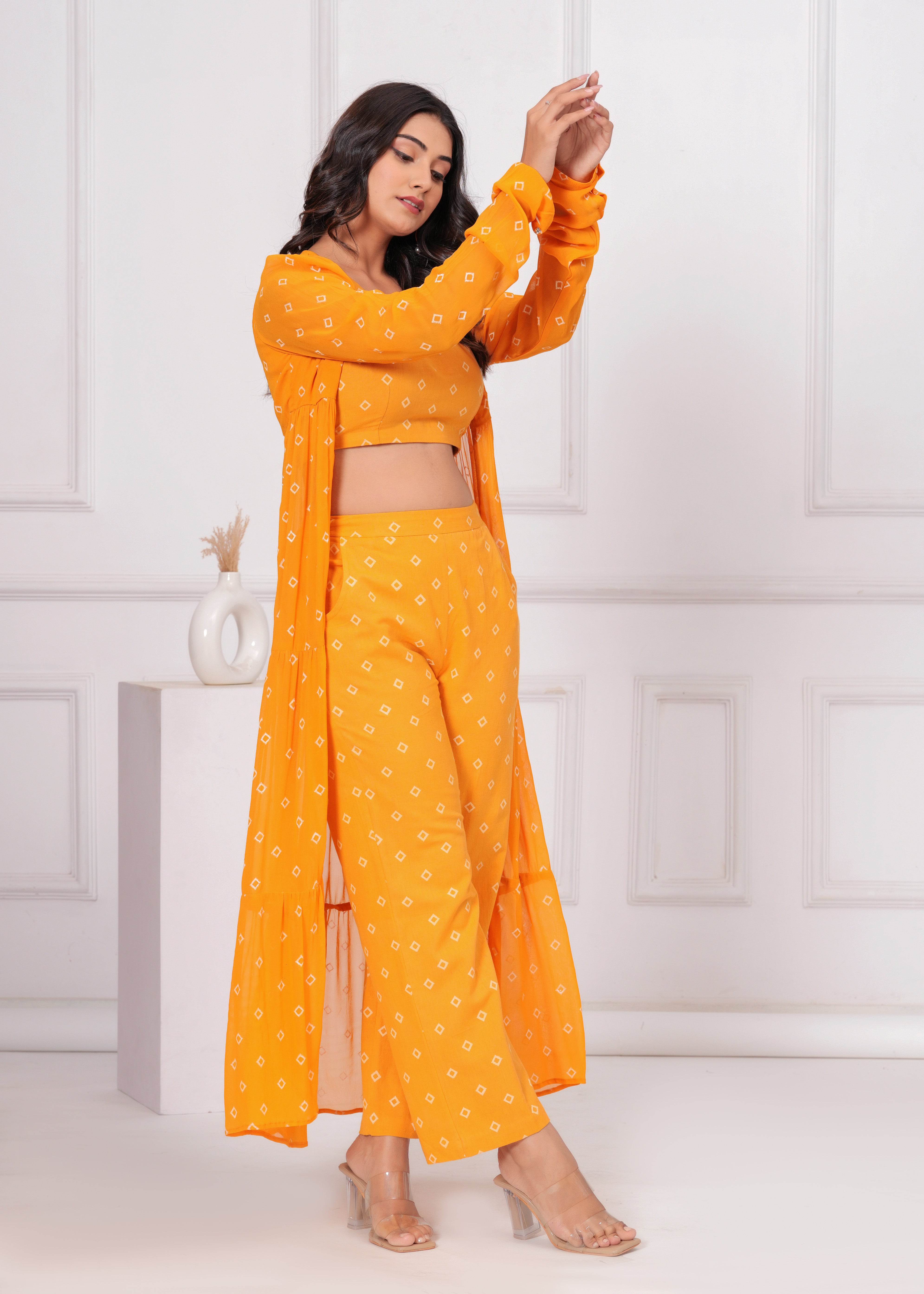 Qala Jaipur Mustard Bandhej Khari Print 3-Piece Co-ord Set (Crop Top, Pants & Tiered Crepe Georgette Shrug)