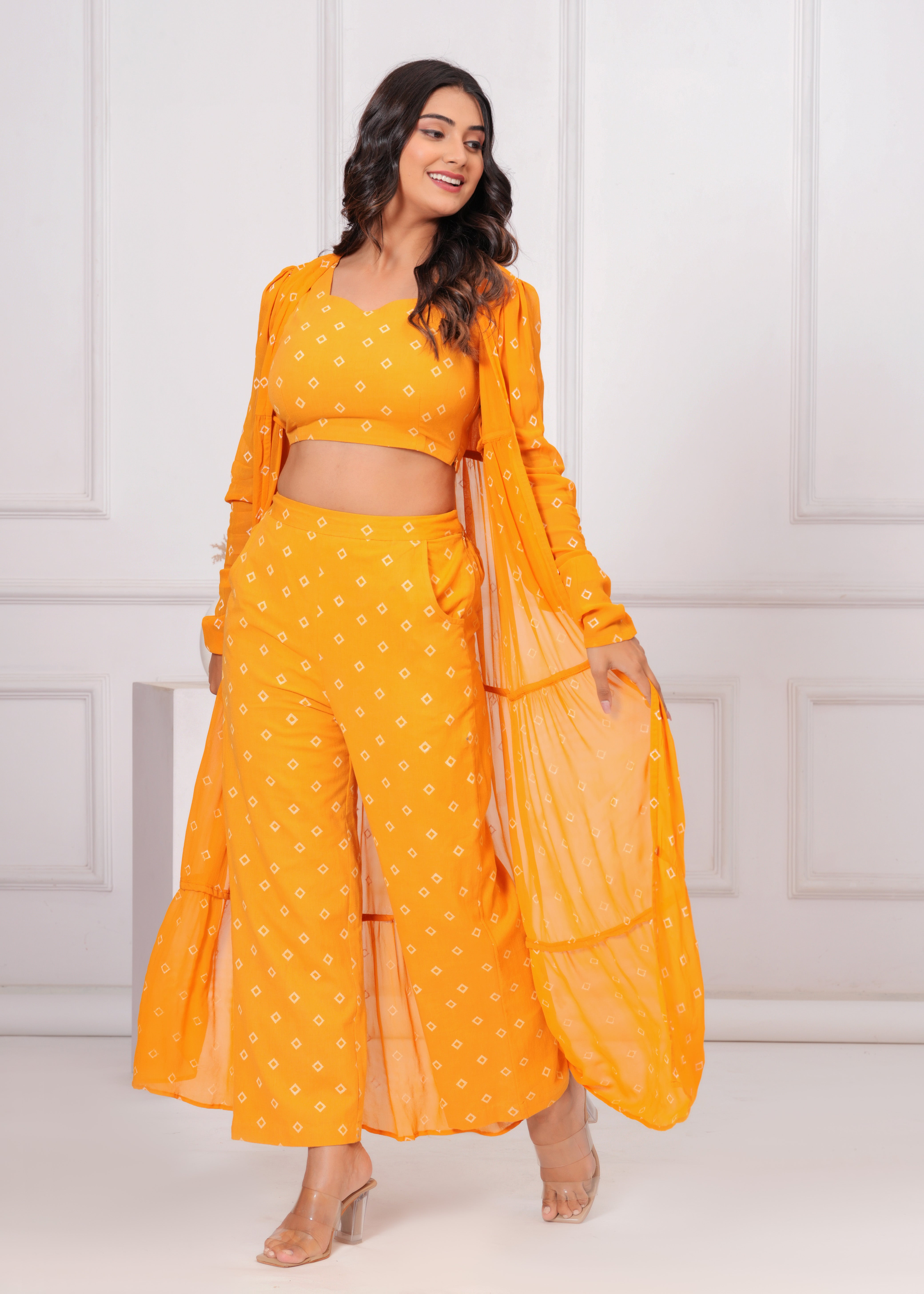 Qala Jaipur Mustard Bandhej Khari Print 3-Piece Co-ord Set (Crop Top, Pants & Tiered Crepe Georgette Shrug)