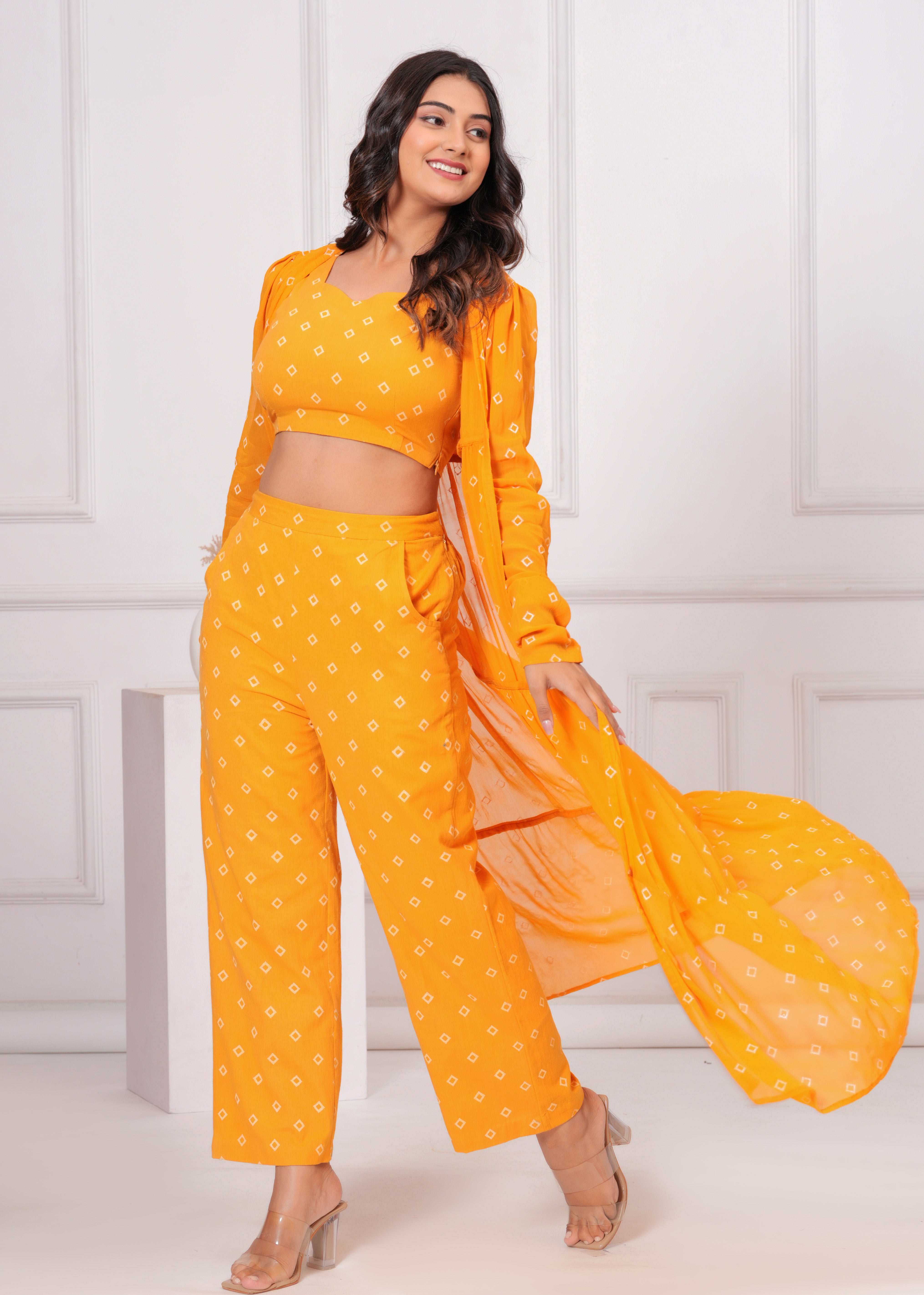 Qala Jaipur Mustard Bandhej Khari Print 3-Piece Co-ord Set (Crop Top, Pants & Tiered Crepe Georgette Shrug)
