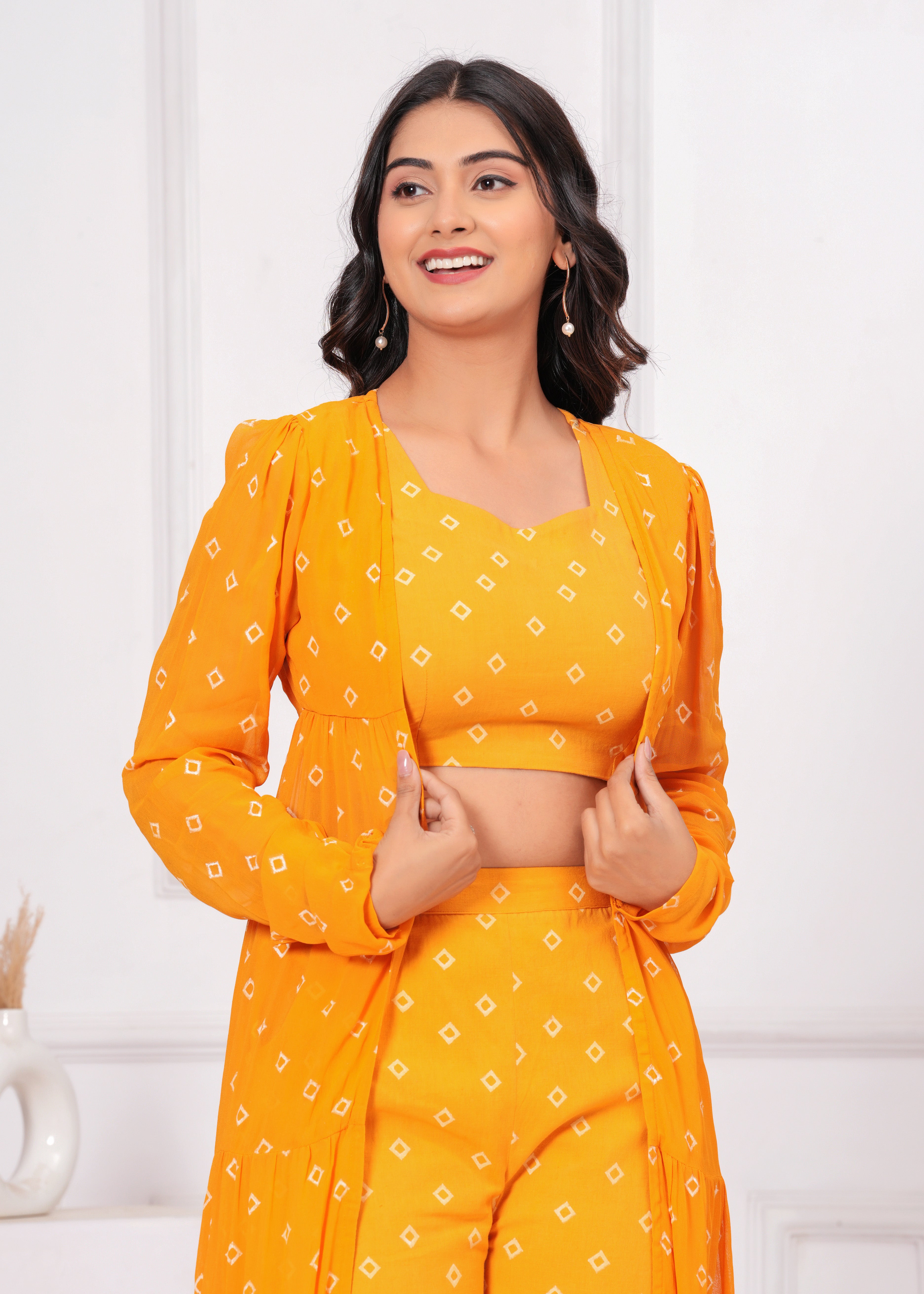 Qala Jaipur Mustard Bandhej Khari Print 3-Piece Co-ord Set (Crop Top, Pants & Tiered Crepe Georgette Shrug)
