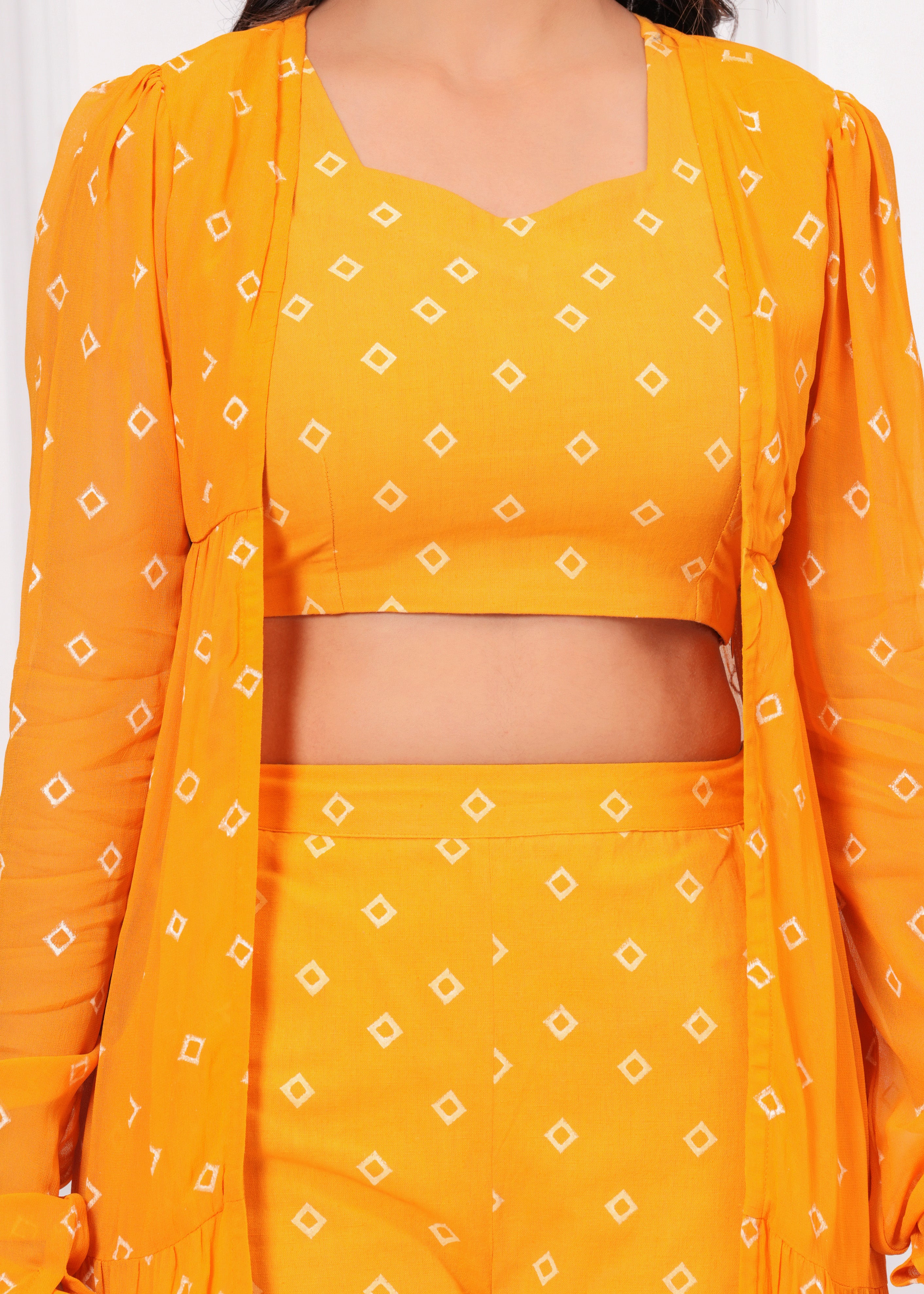 Qala Jaipur Mustard Bandhej Khari Print 3-Piece Co-ord Set (Crop Top, Pants & Tiered Crepe Georgette Shrug)