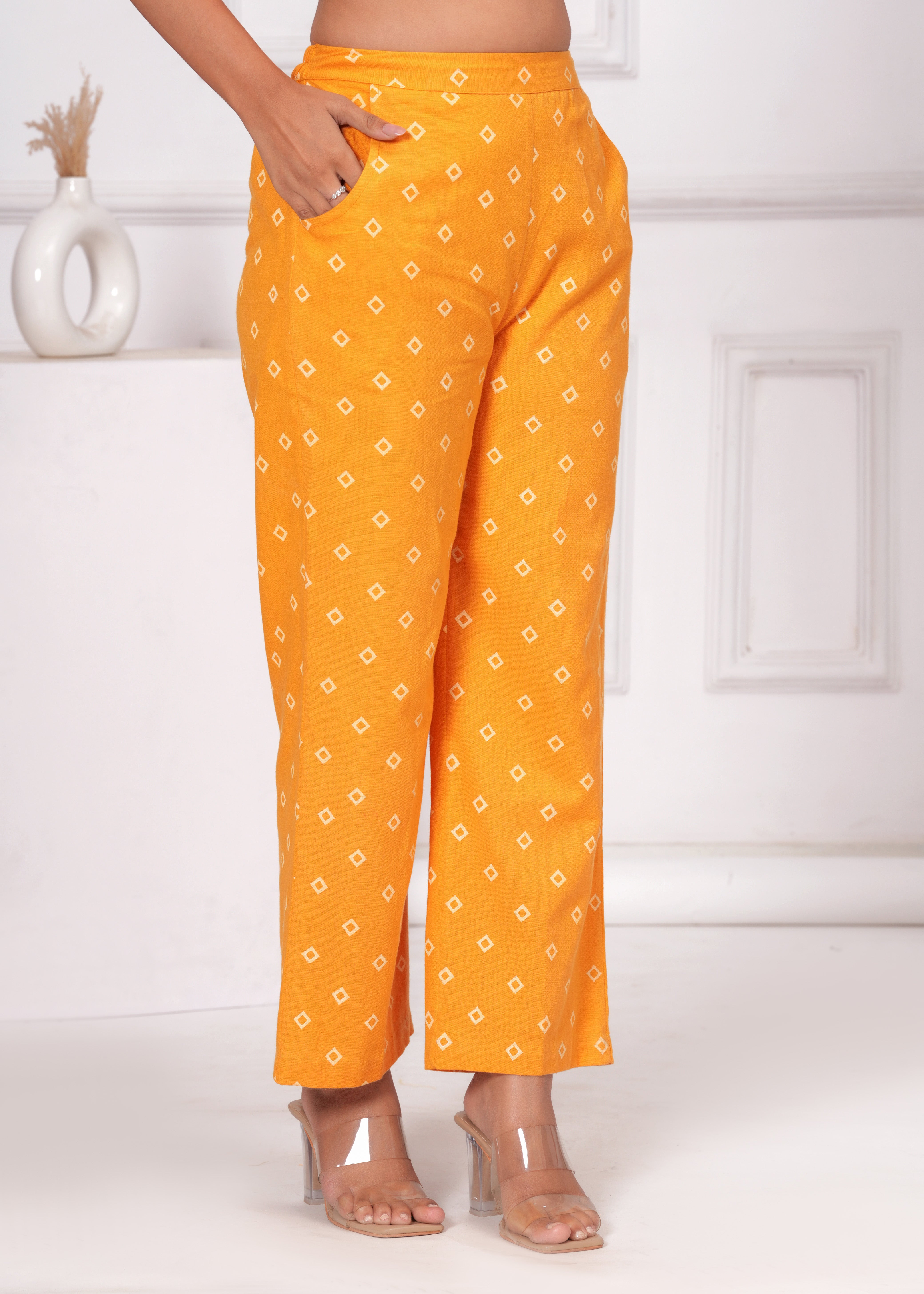 Qala Jaipur Mustard Bandhej Khari Print 3-Piece Co-ord Set (Crop Top, Pants & Tiered Crepe Georgette Shrug)