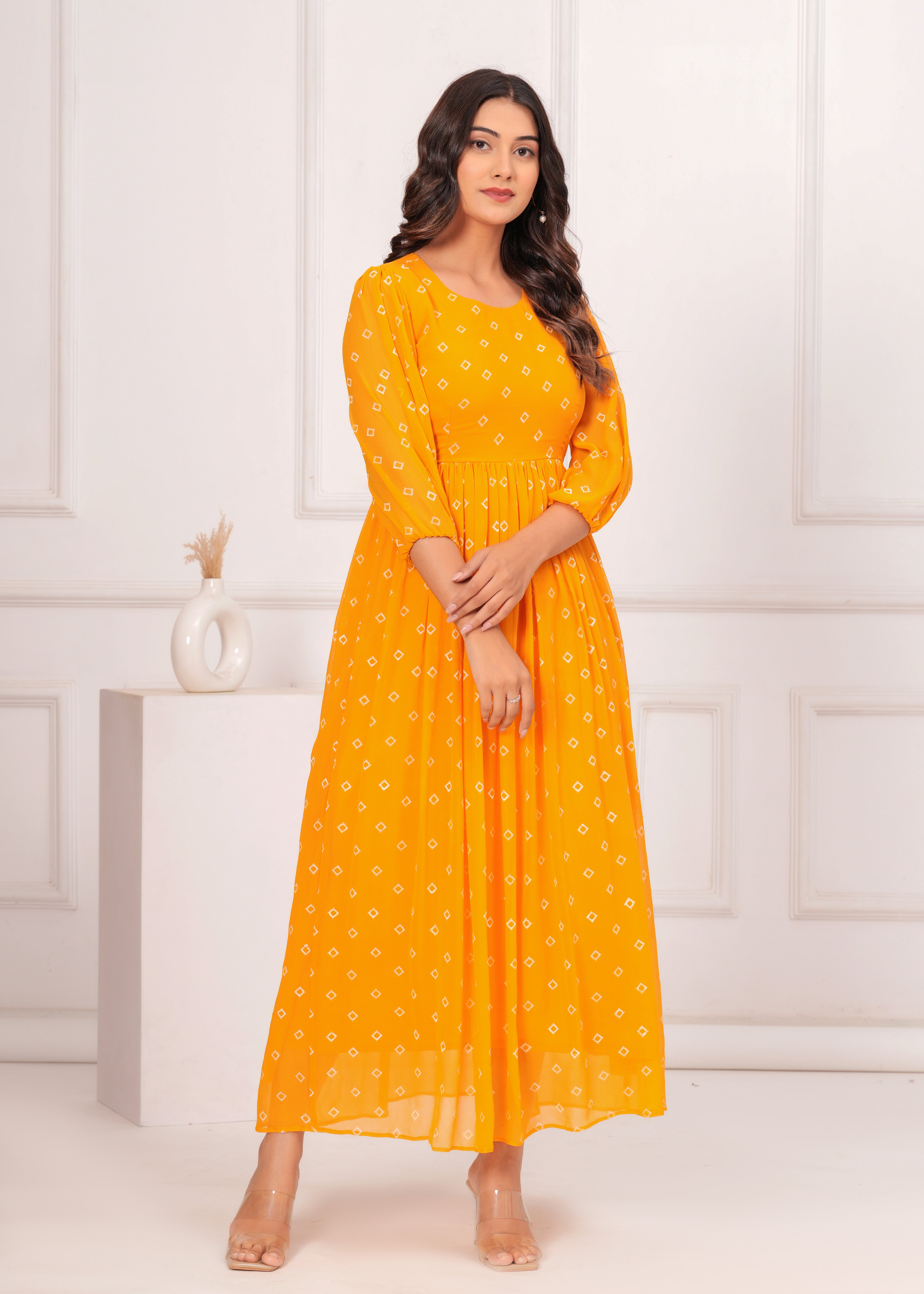 Qala Jaipur Mustard Bandhej Khari Print Crepe Georgette Tiered Maxi Dress