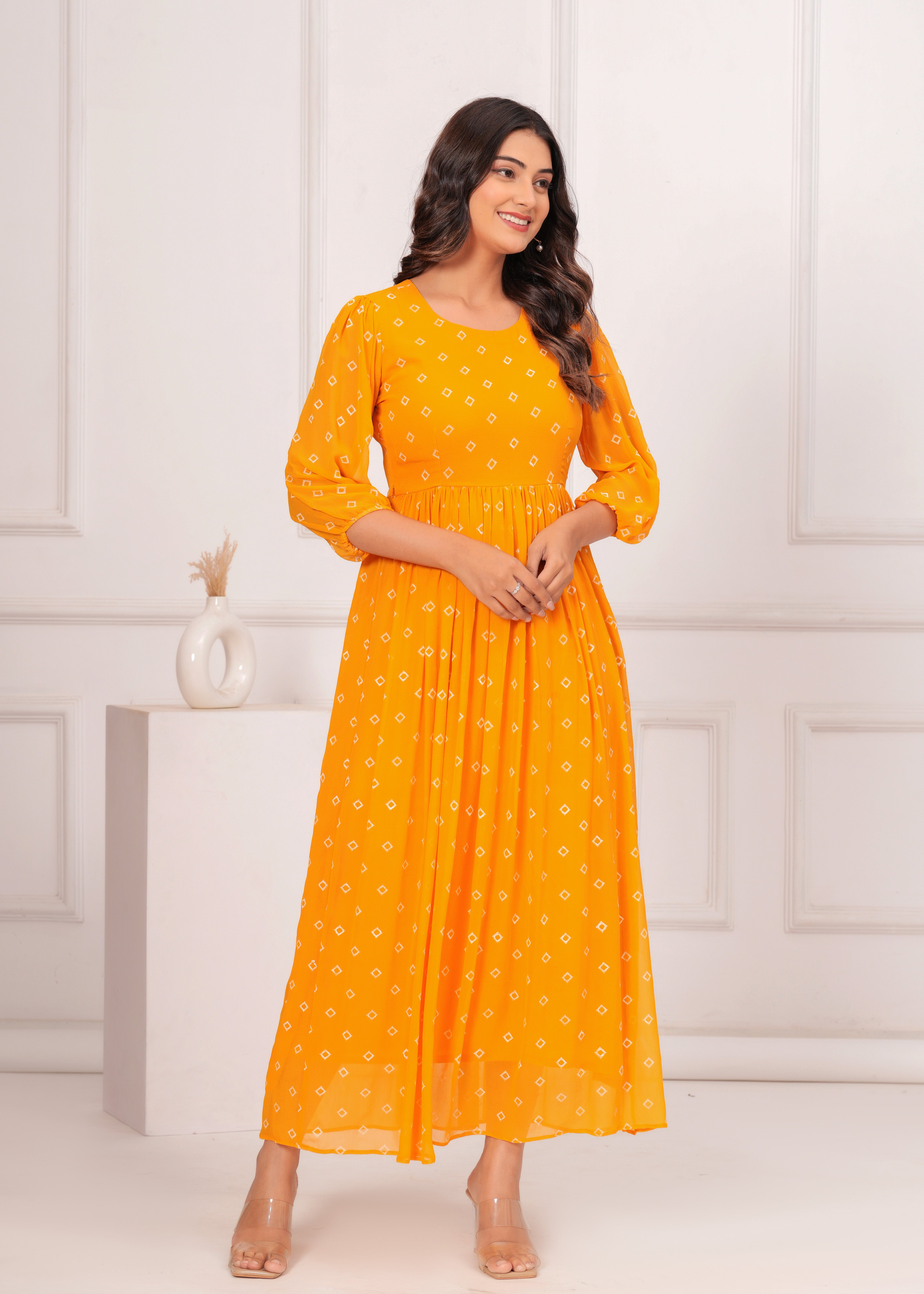 Qala Jaipur Mustard Bandhej Khari Print Crepe Georgette Tiered Maxi Dress