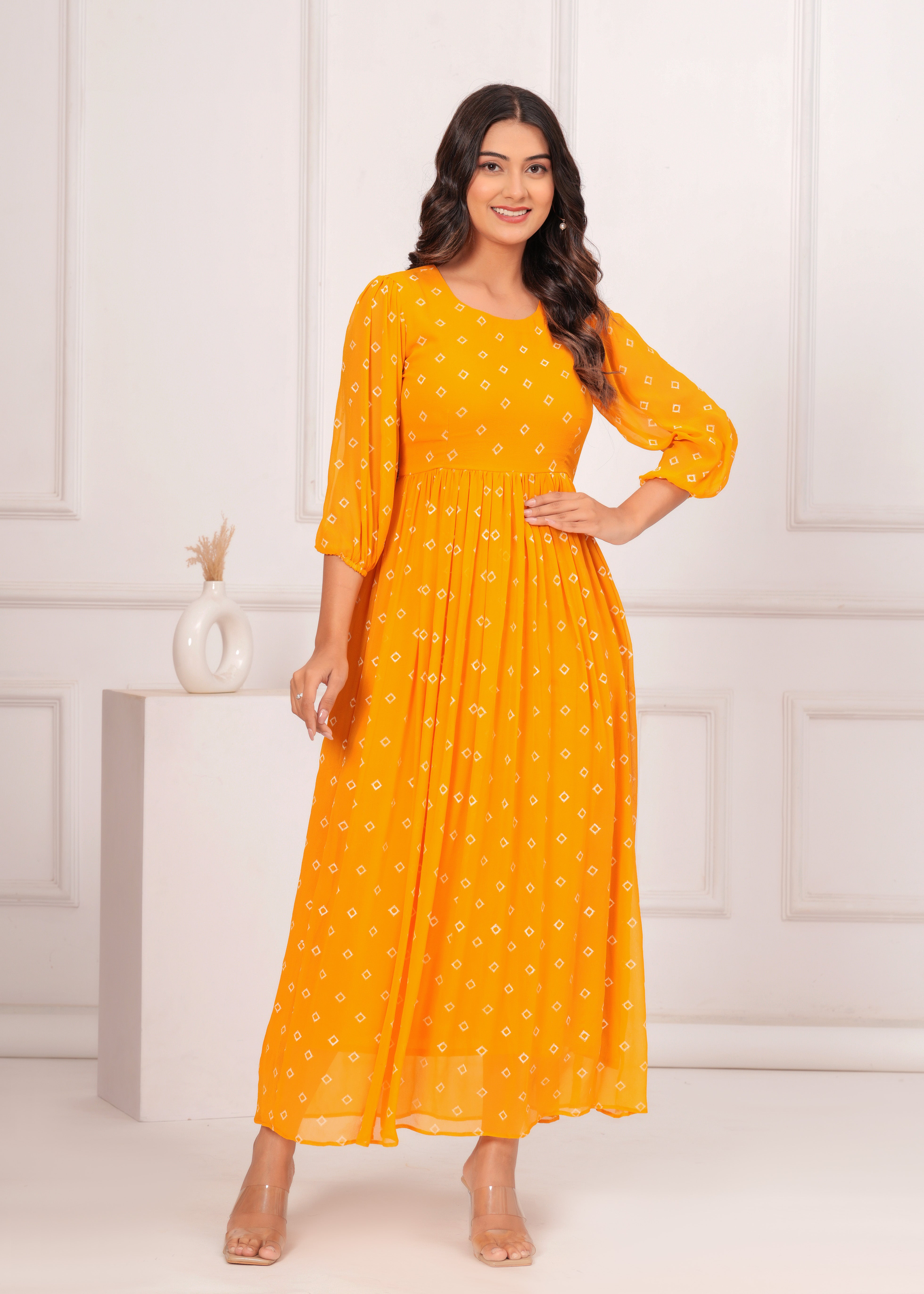 Qala Jaipur Mustard Bandhej Khari Print Crepe Georgette Tiered Maxi Dress