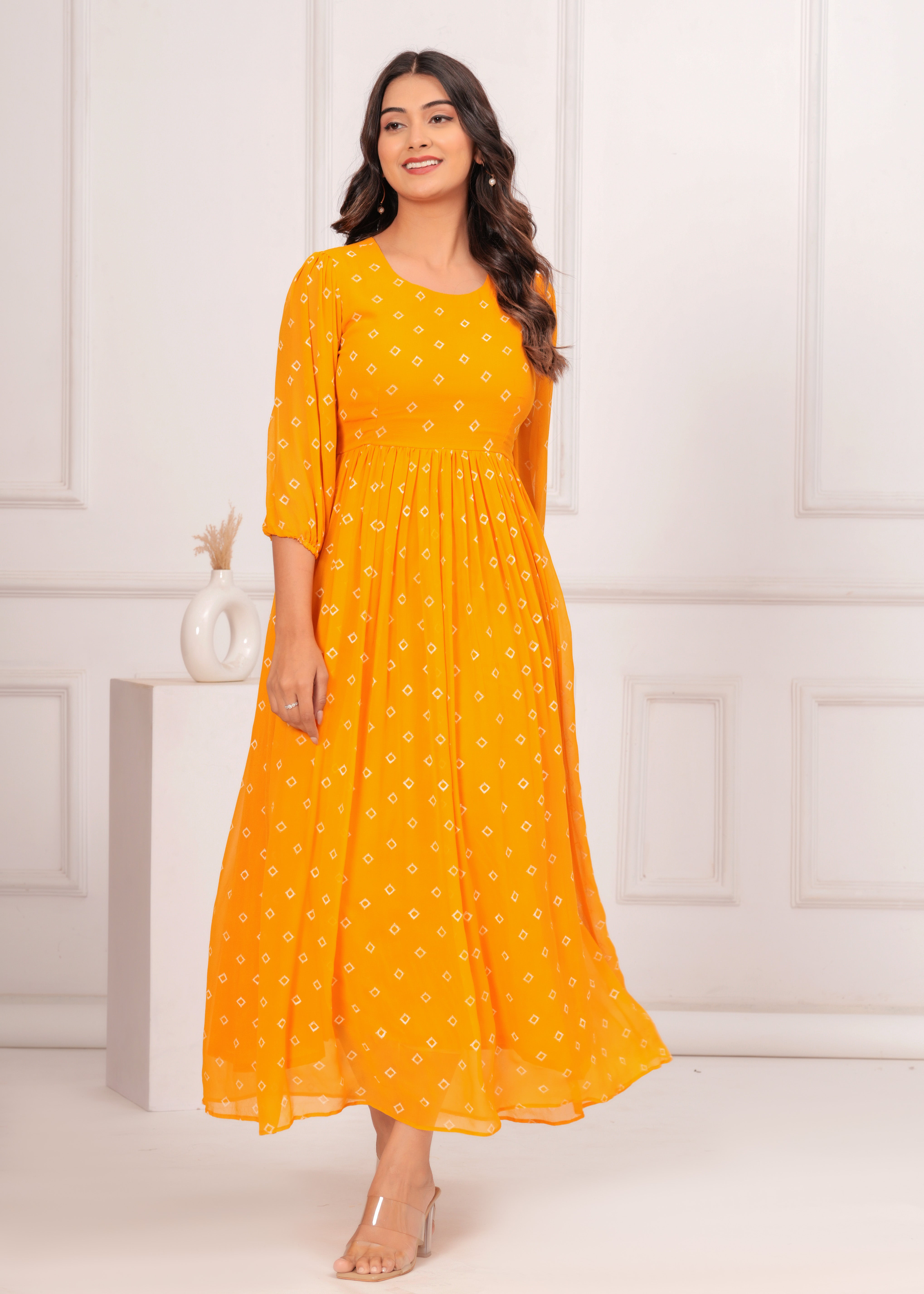 Qala Jaipur Mustard Bandhej Khari Print Crepe Georgette Tiered Maxi Dress