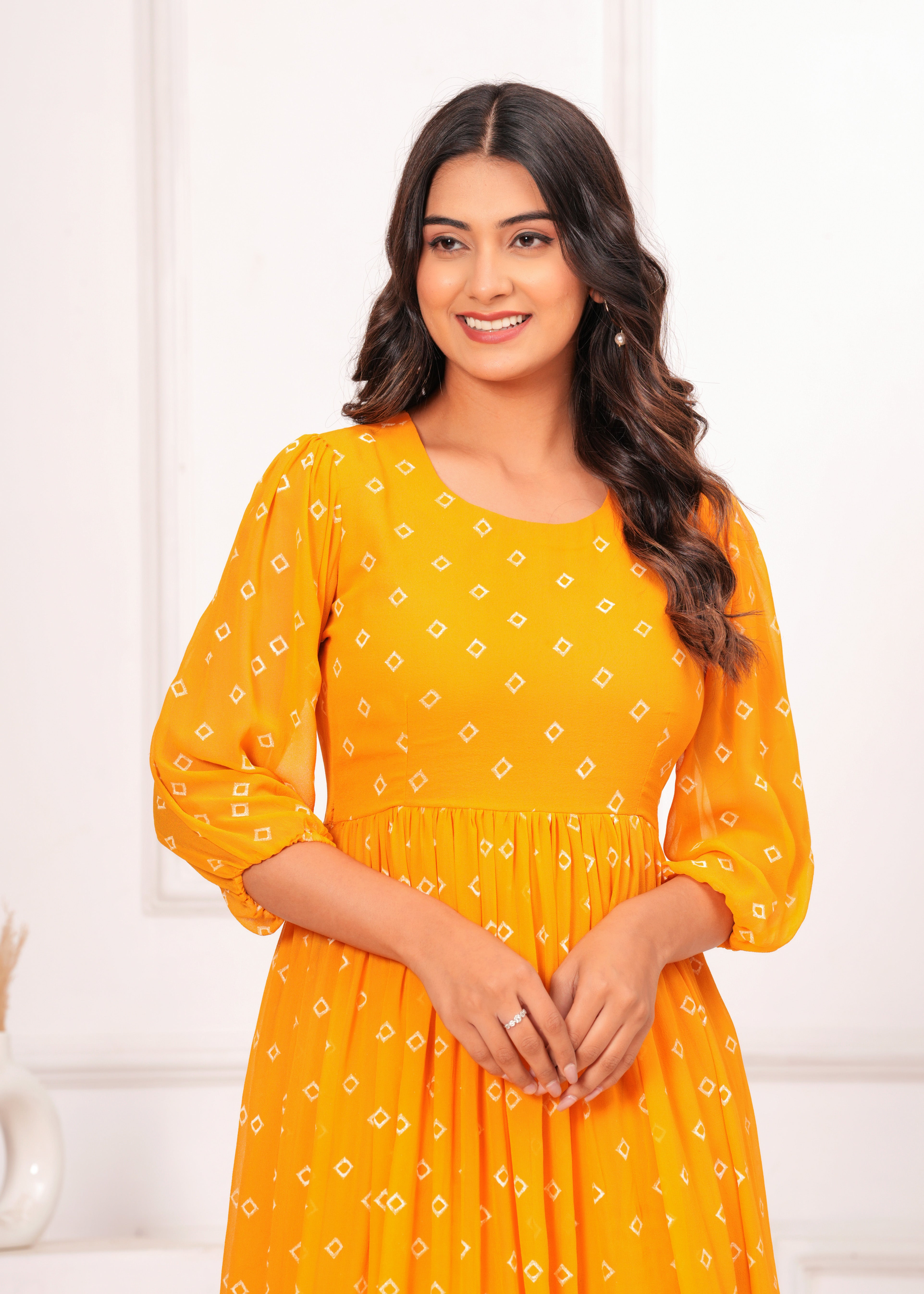Qala Jaipur Mustard Bandhej Khari Print Crepe Georgette Tiered Maxi Dress