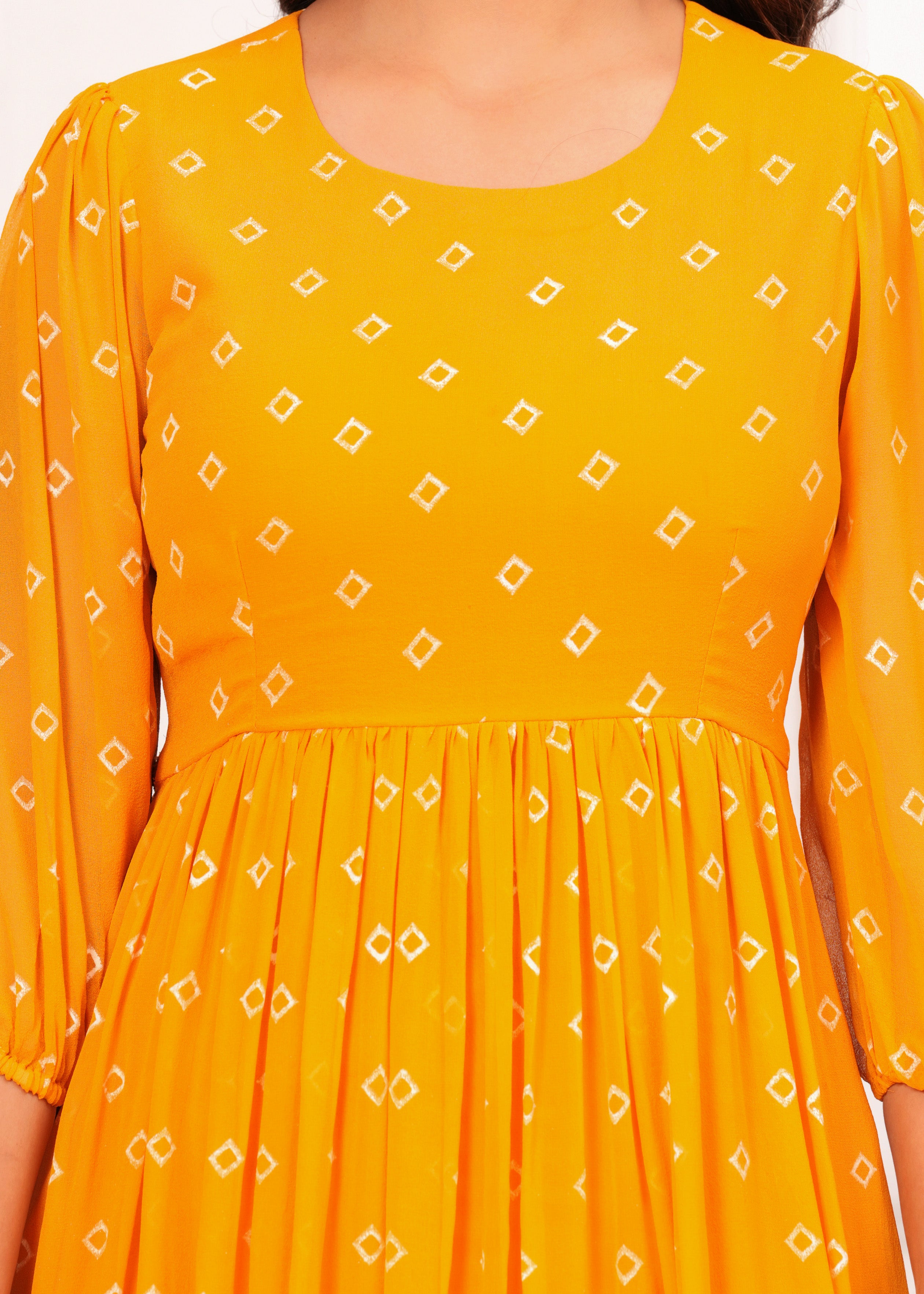 Qala Jaipur Mustard Bandhej Khari Print Crepe Georgette Tiered Maxi Dress